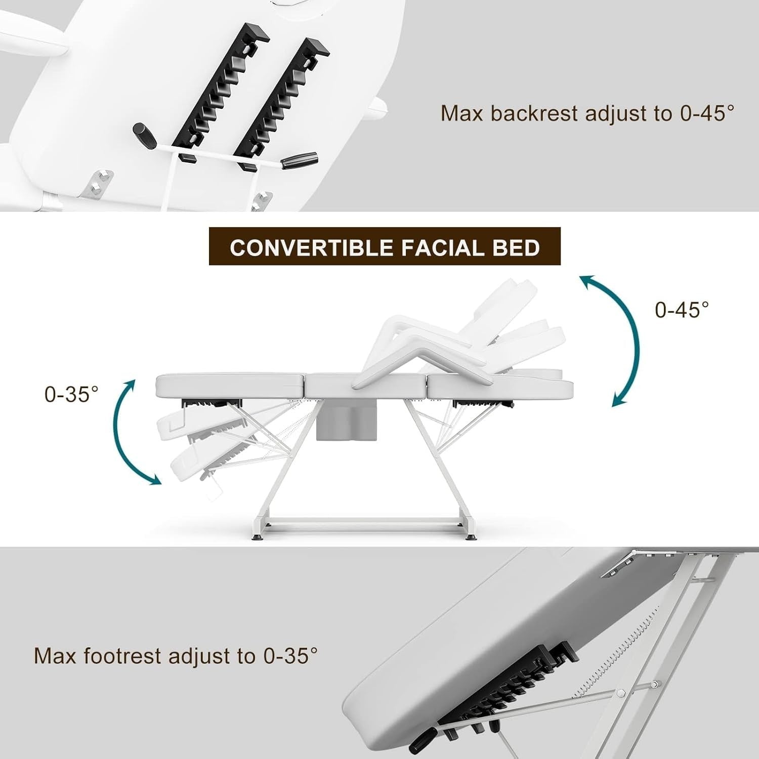 Adjustable 3-Section Beauty Massage Bed w/ Hydraulic Stool & Headrest White
