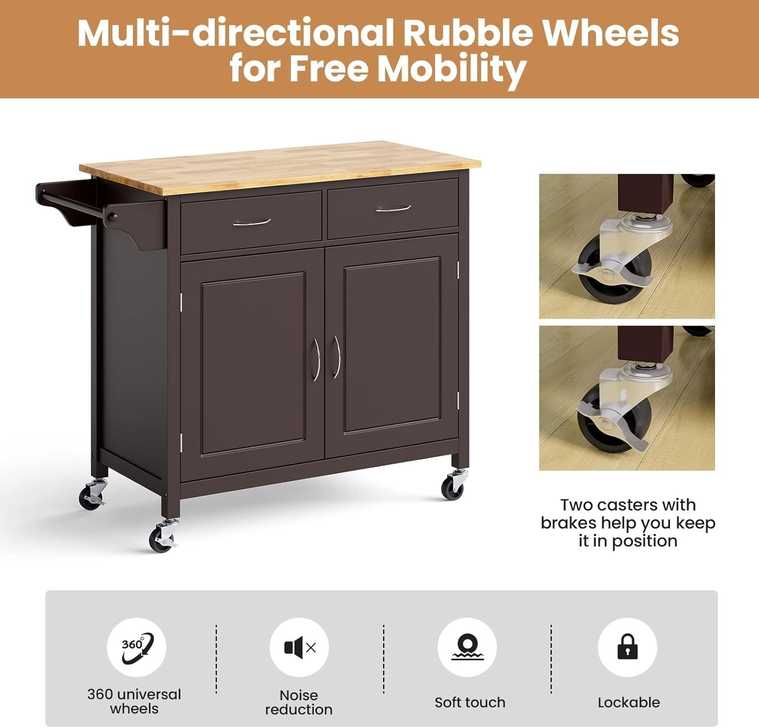 Rolling Kitchen Island Cart with 2 Drawers, Adjustable Shelf & Towel Rack.