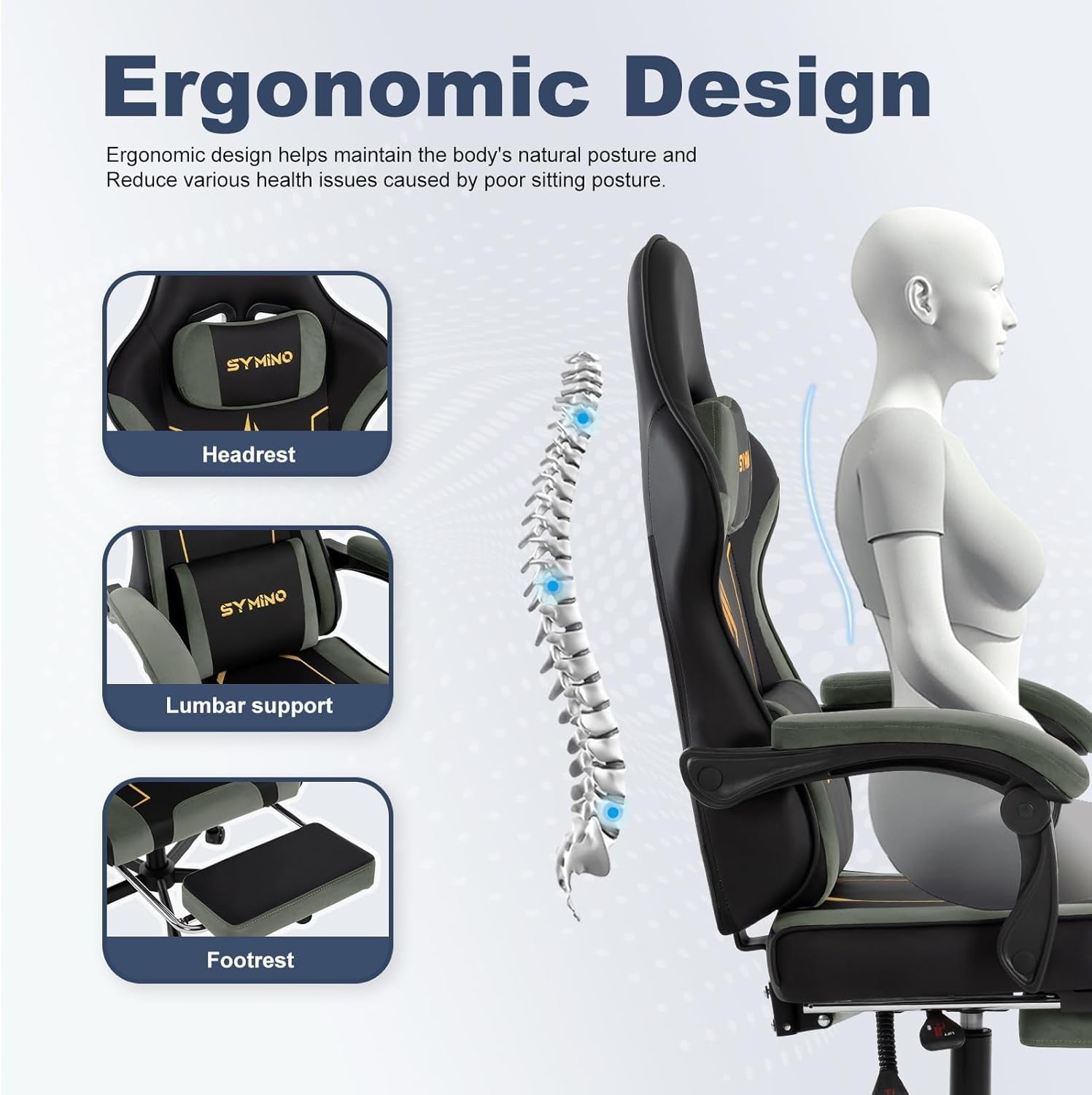 Ergonomic Gaming Chair Recliner w/ Footrest Lumbar Support PU Seat