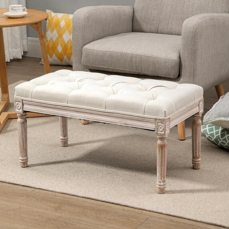 Beige Tufted Fabric End of Bed Bench Seat Vintage Ottoman Stool w/ Wood Legs