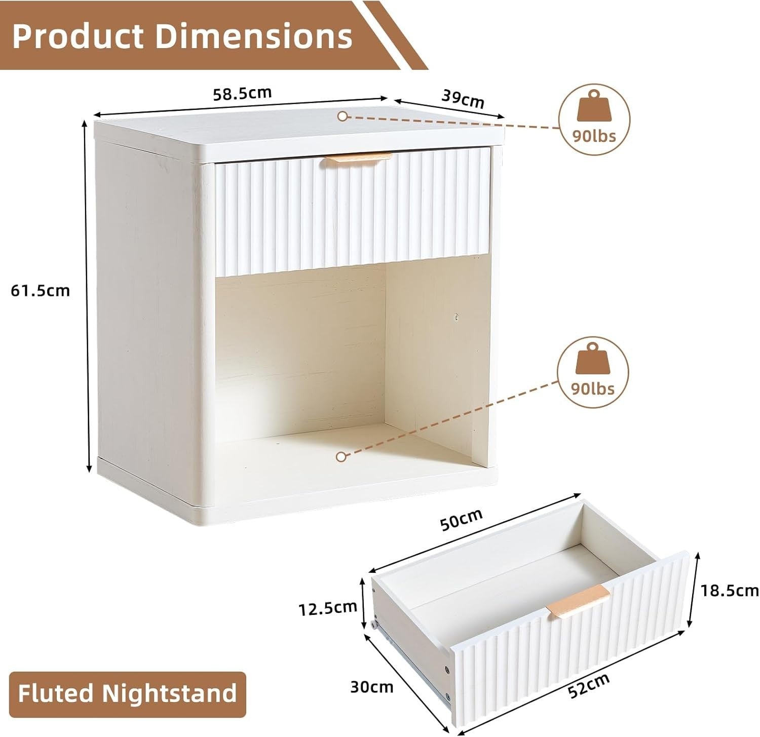 White Fluted Bedside Table with Drawer Modern Nightstand Storage Cabinet