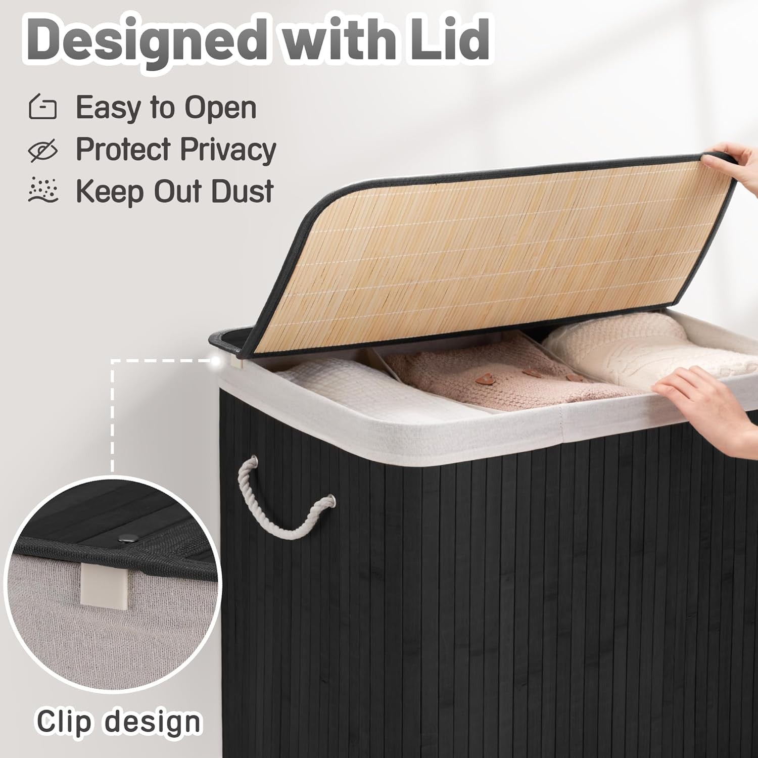 150L Bamboo Laundry Hamper with Lid 3-Section Foldable Clothes Basket Black