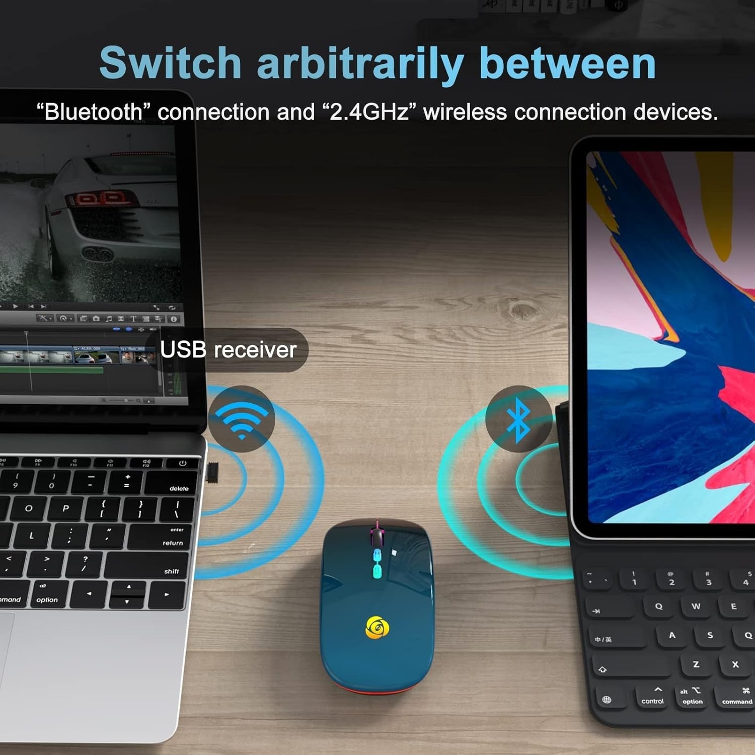 Wireless Bluetooth Mouse Rechargeable Silent RGB Type-C Blue