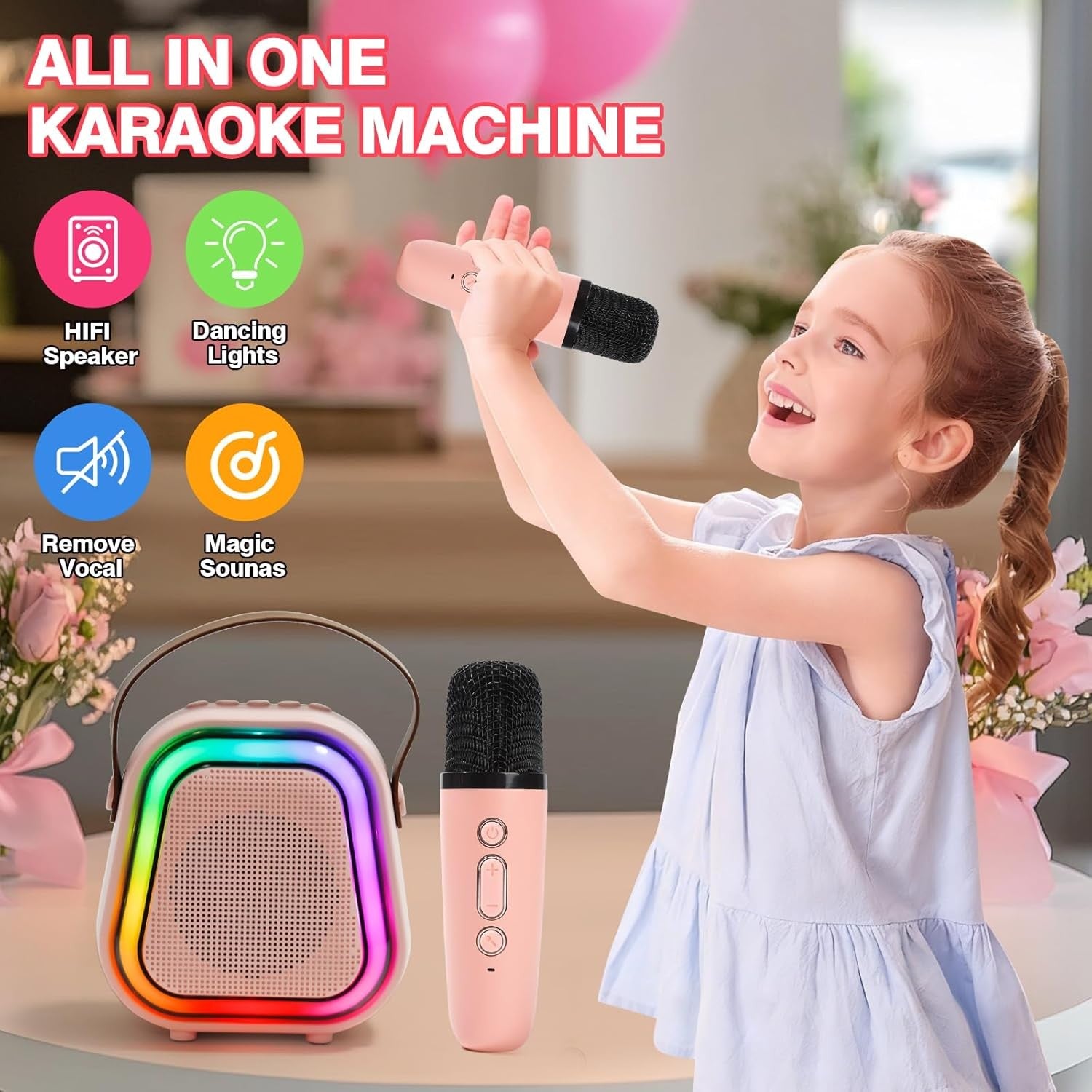 Pink Karaoke Machine 2 Microphones Bluetooth LED Speaker
