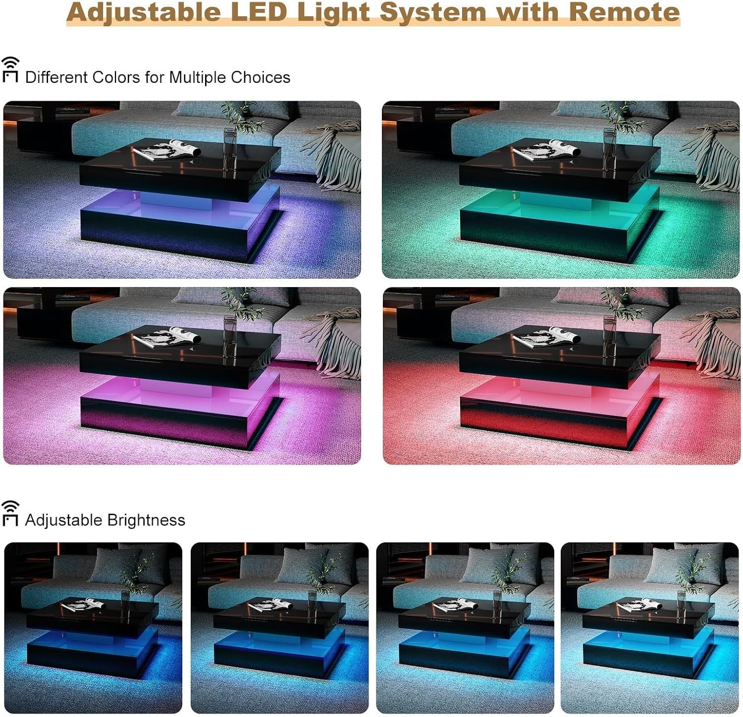 Black Glossy LED Coffee Table with Storage, 2-Tier Square 78x78cm