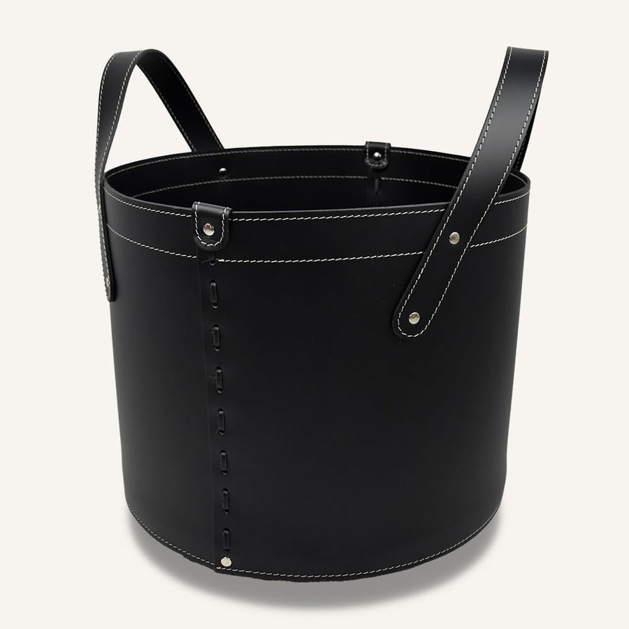 Black Luxury Leather Log Basket with Wheels, Indoor Wood Holder Handmade