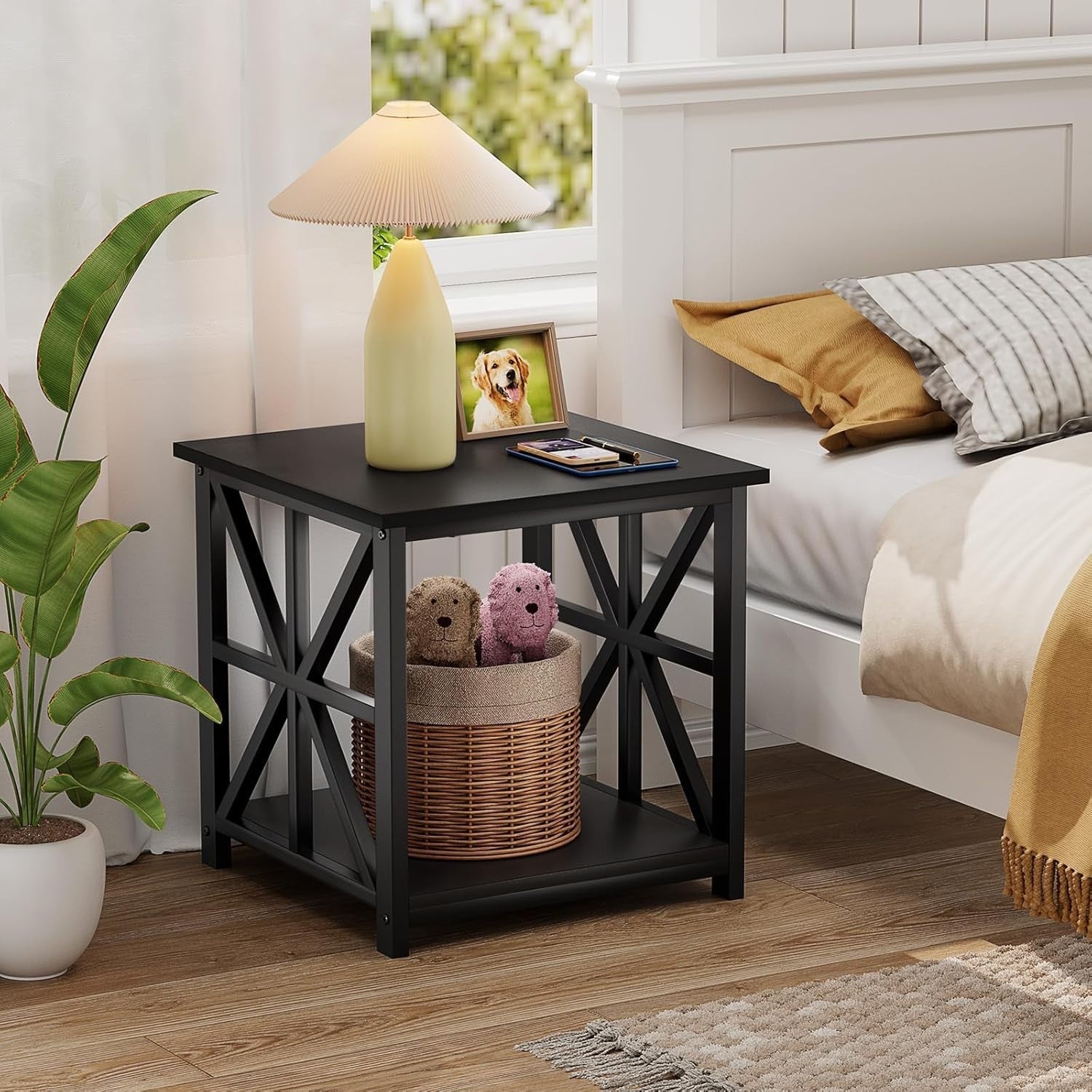 Black 2-Tier Square Side Table 50x50x50 cm | Farmhouse End Table w/ Storage