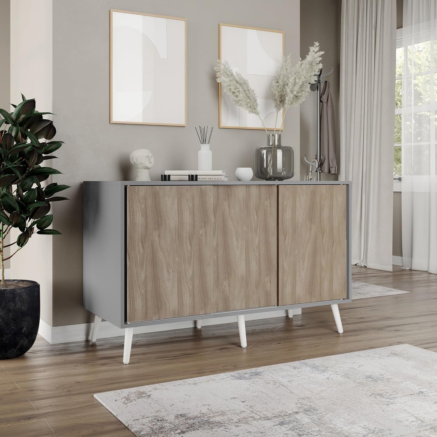 Modern 3-Door Sliding Sideboard Cabinet Oak Doors Wooden Legs Storage Unit