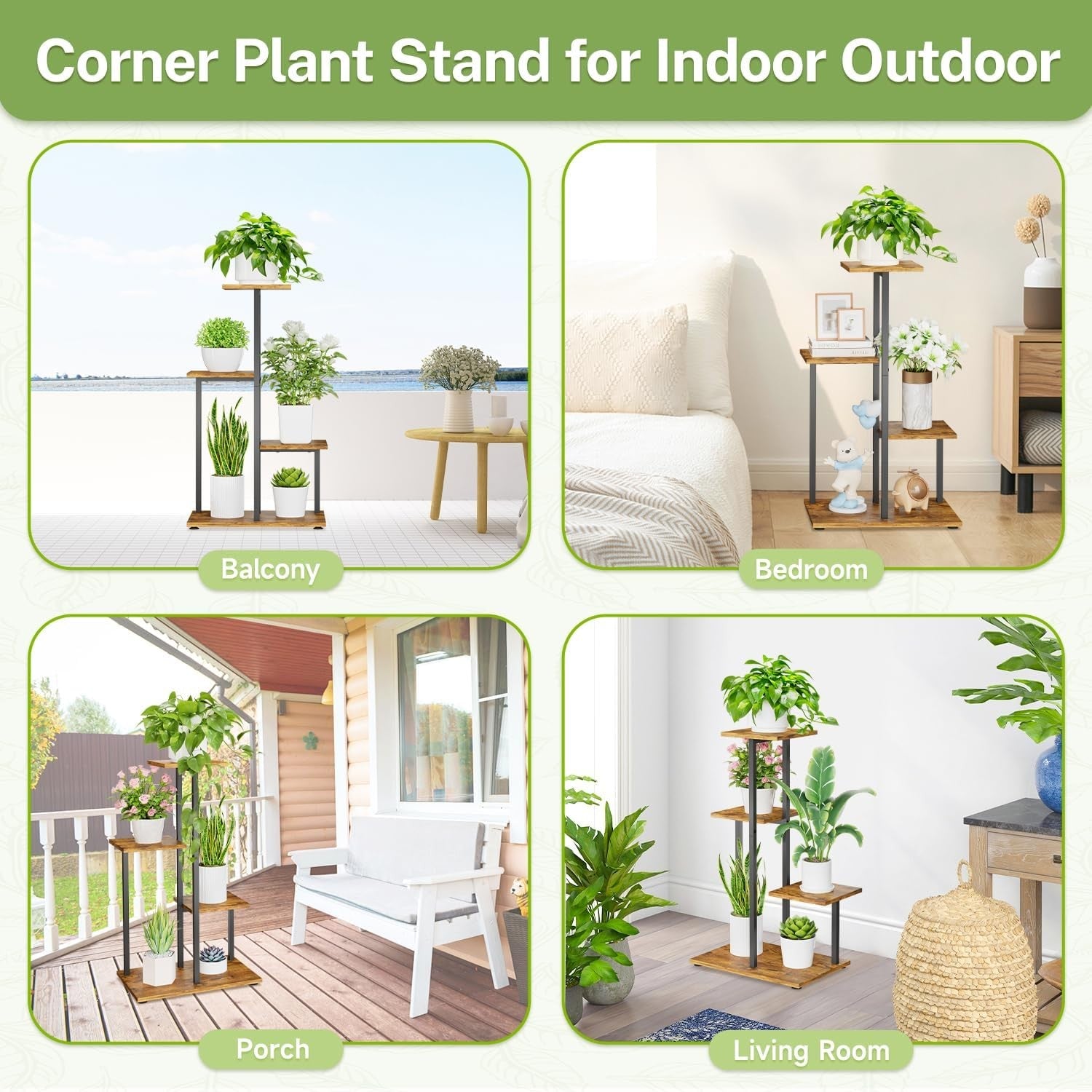 4 Tier Metal & Wood Plant Stand | Tall Corner Indoor Display Shelf for Multiple