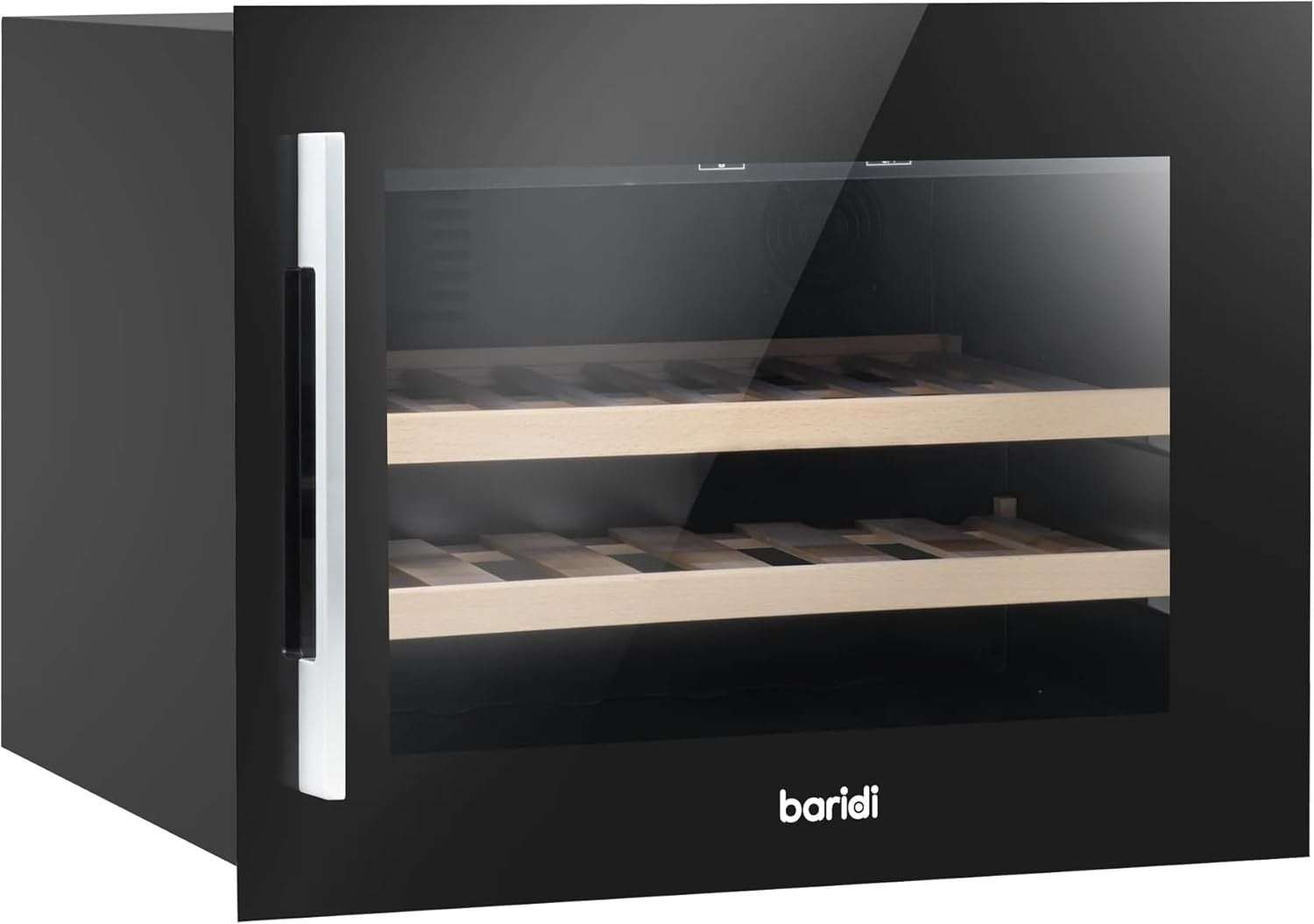 60cm Built In Wine Cooler 28 Bottle Glass Door LED Beech Shelves Black