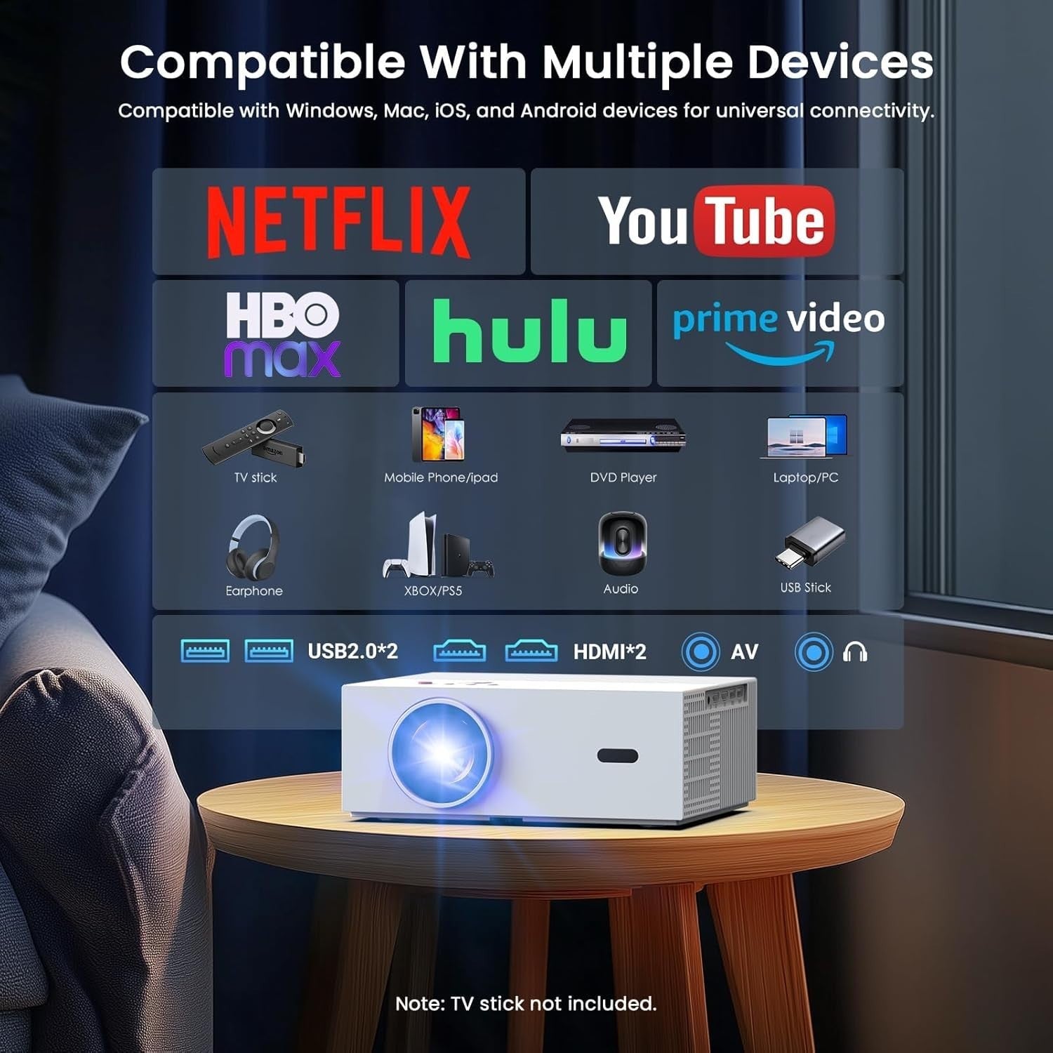 4K Supported Projector Auto Focus Keystone WiFi 6 Bluetooth 300"