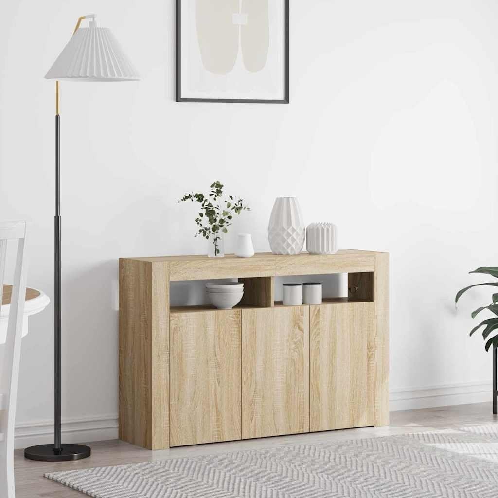 Engineered Wood Sideboard with LED Lights, 8 Compartments, Modern Storage