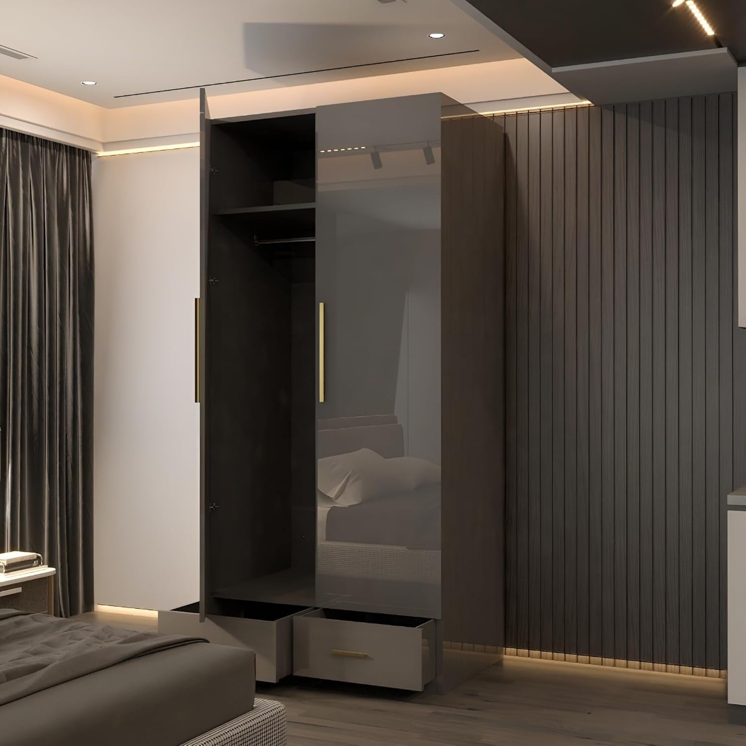 90cm Grey High Gloss Wardrobe with Mirror, Drawers & Hanging Rail Storage