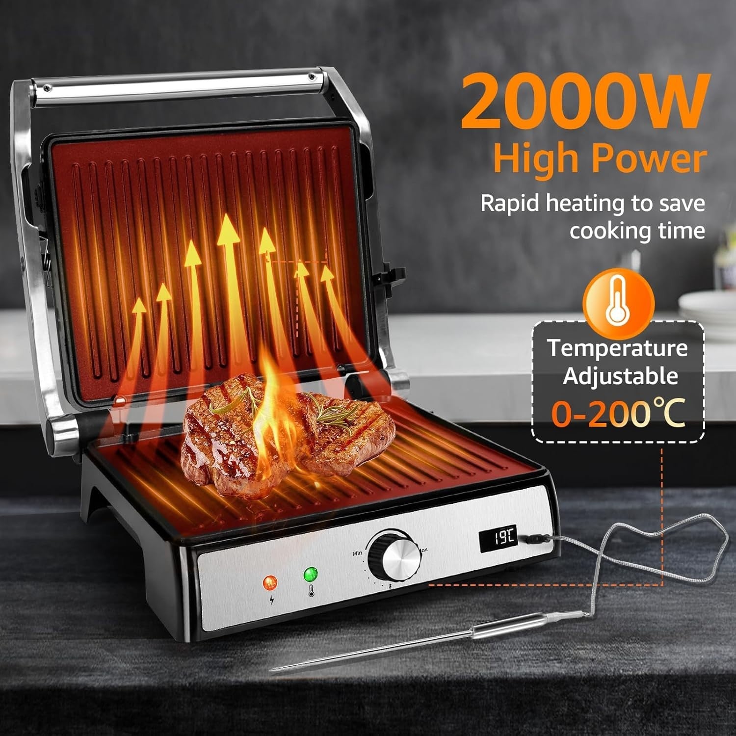 2000W Panini Press Sandwich Toaster Grill 180° Removable Plates