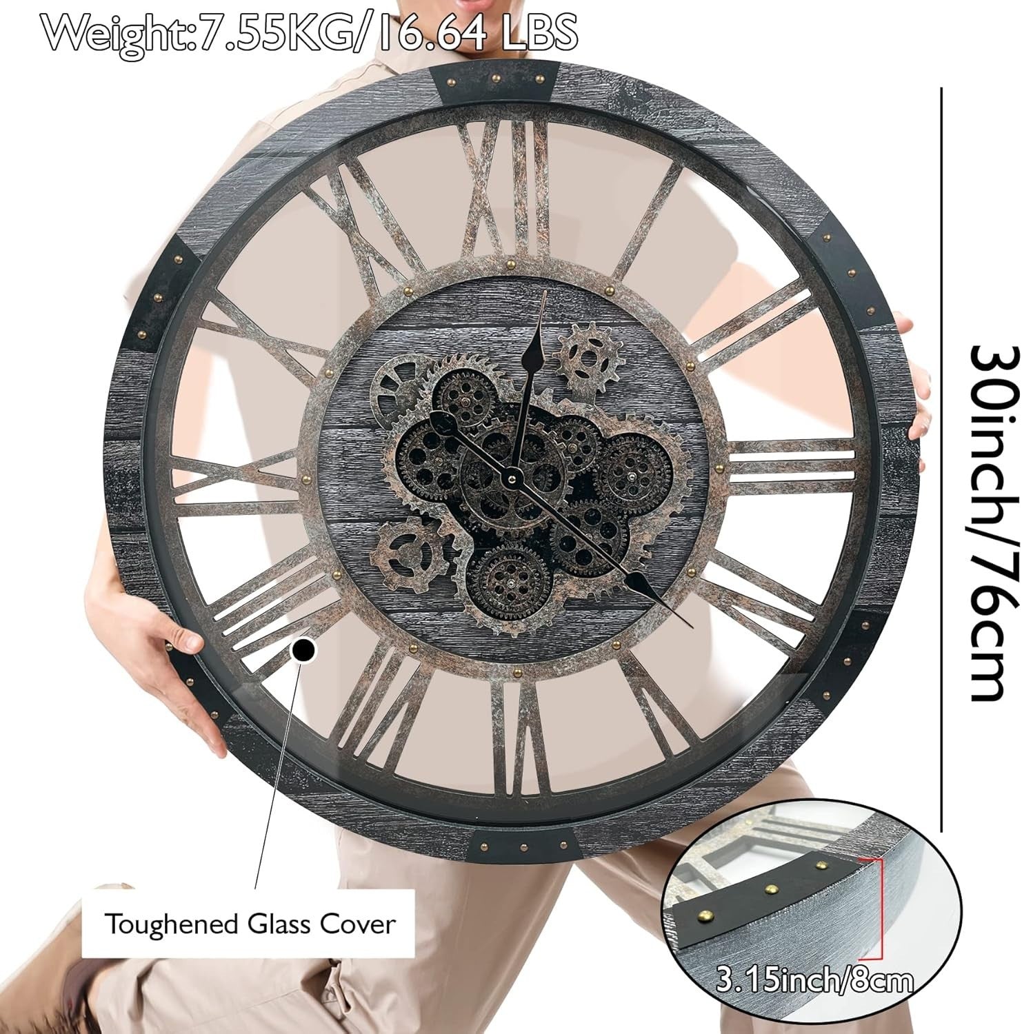 30" Rustic Wall Clock Moving Gears Wood Metal Glass Steampunk Decor