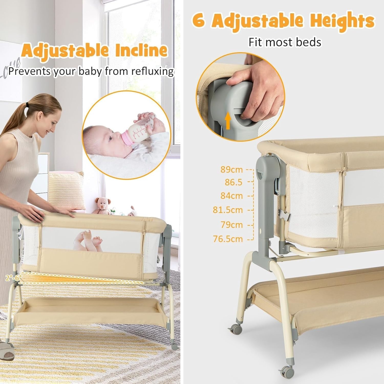 4in1 Baby Bedside Crib Adjustable Rocking Bassinet with Mattress & Storage Beige