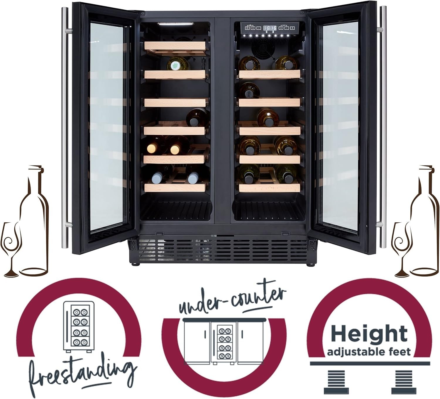 60cm Built In Wine Cooler Dual Zone Under Counter Fridge 40 Bottle UV Glass
