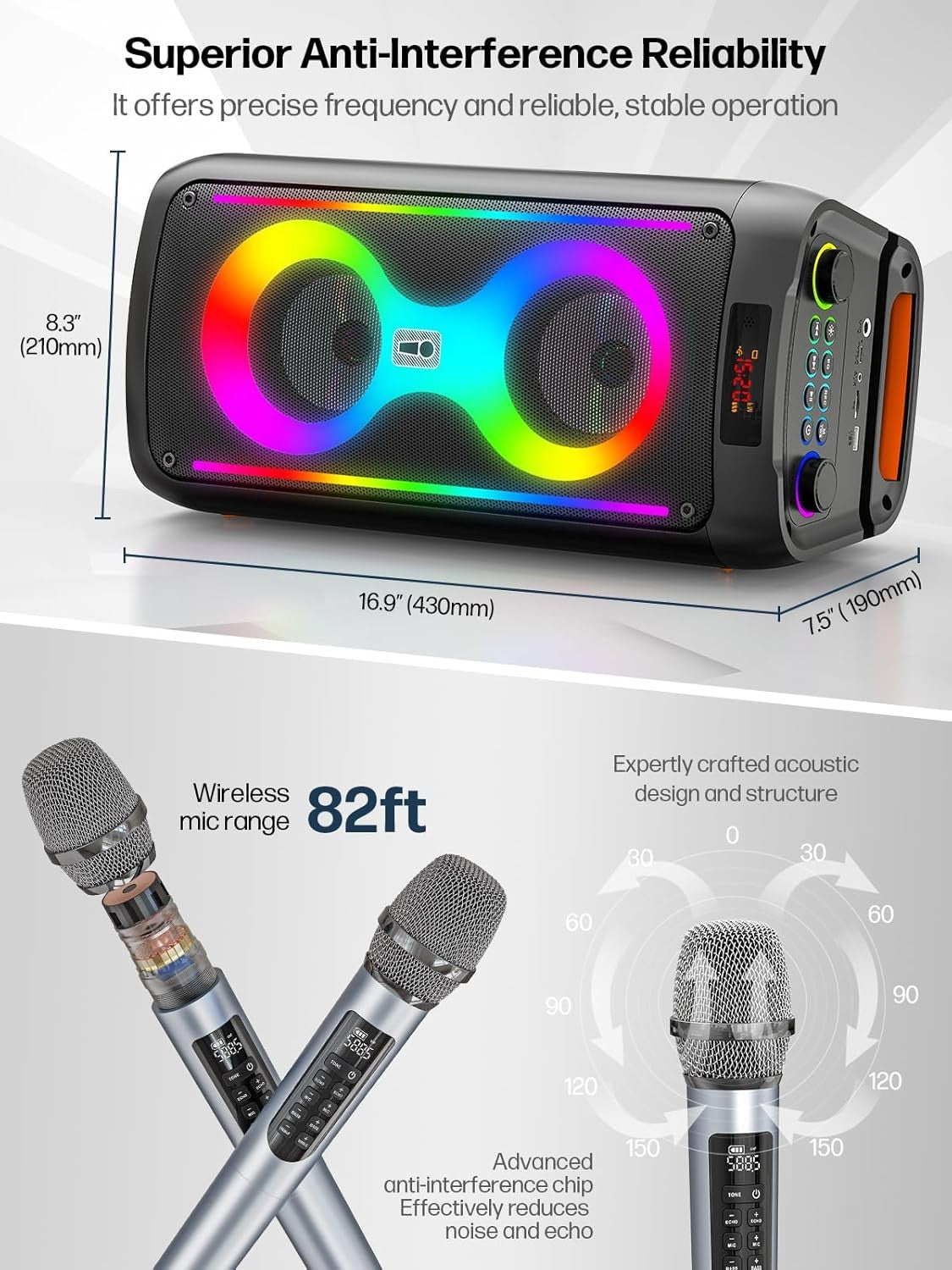 Karaoke Machine with 2 Wireless Mics Bluetooth LED