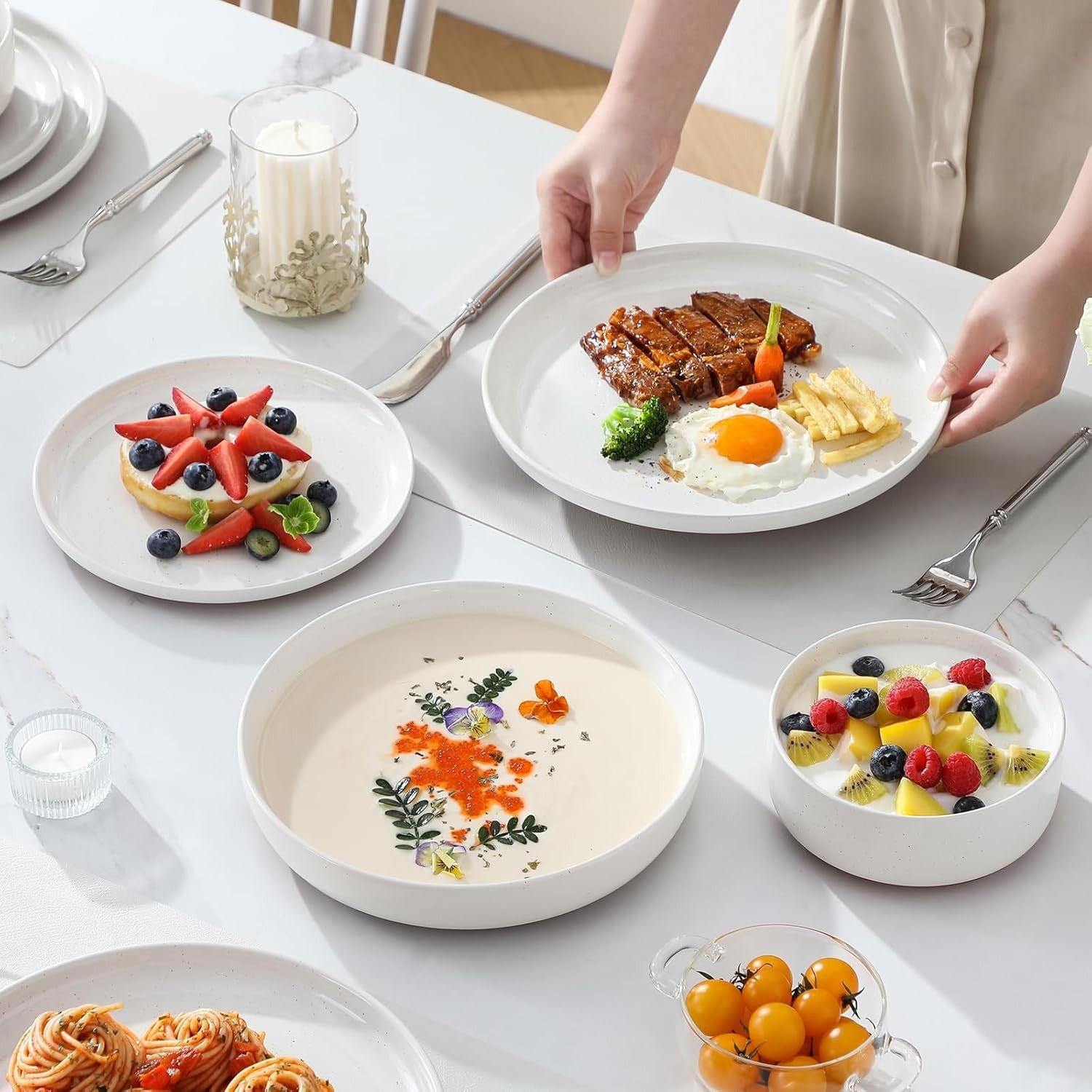 24 Piece Dinner Set Plates Bowls for 6 Stoneware Microwave Dishwasher Safe