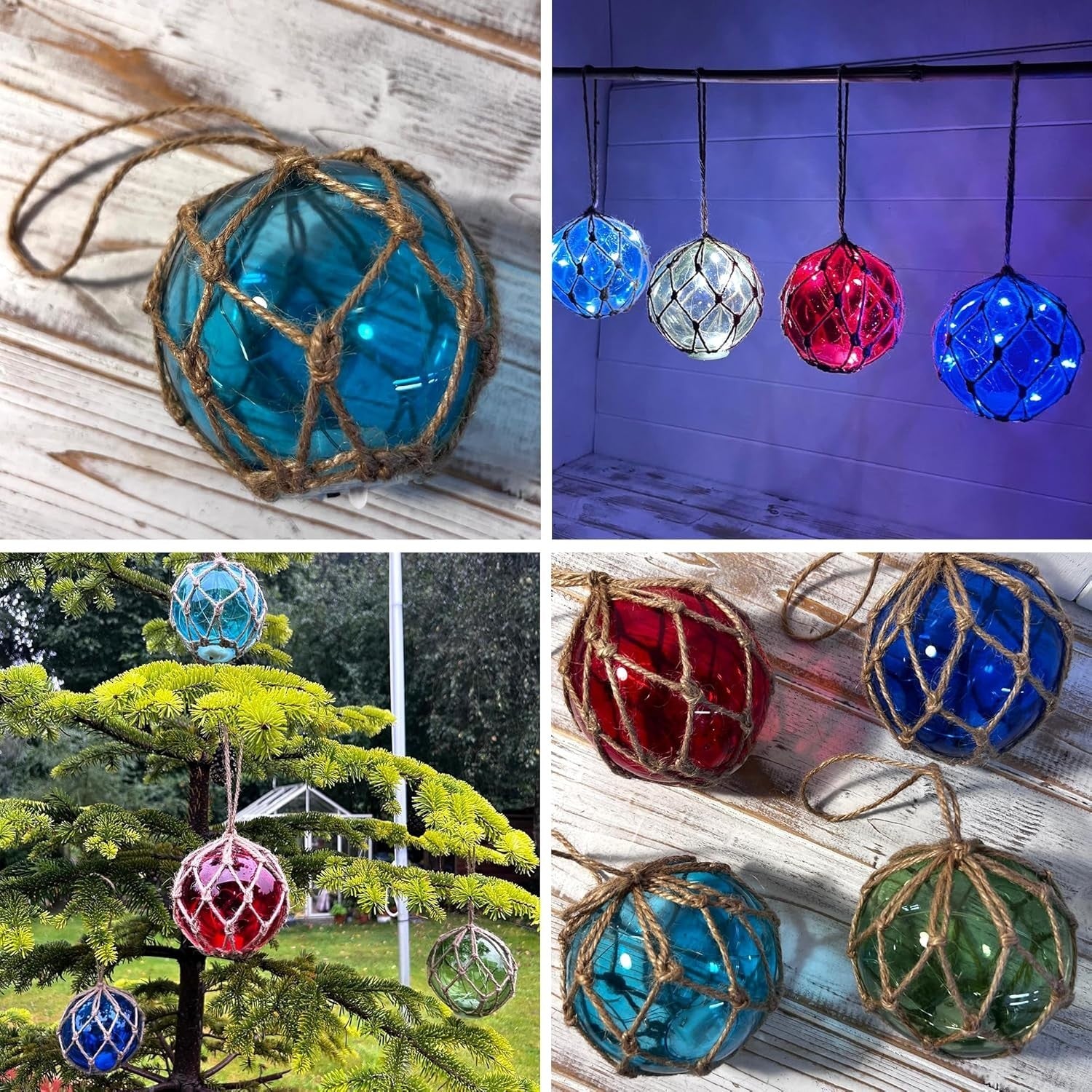 LED Glass Fishing Buoy Lights Set of 4 Nautical Hanging Ornaments Garden Decor