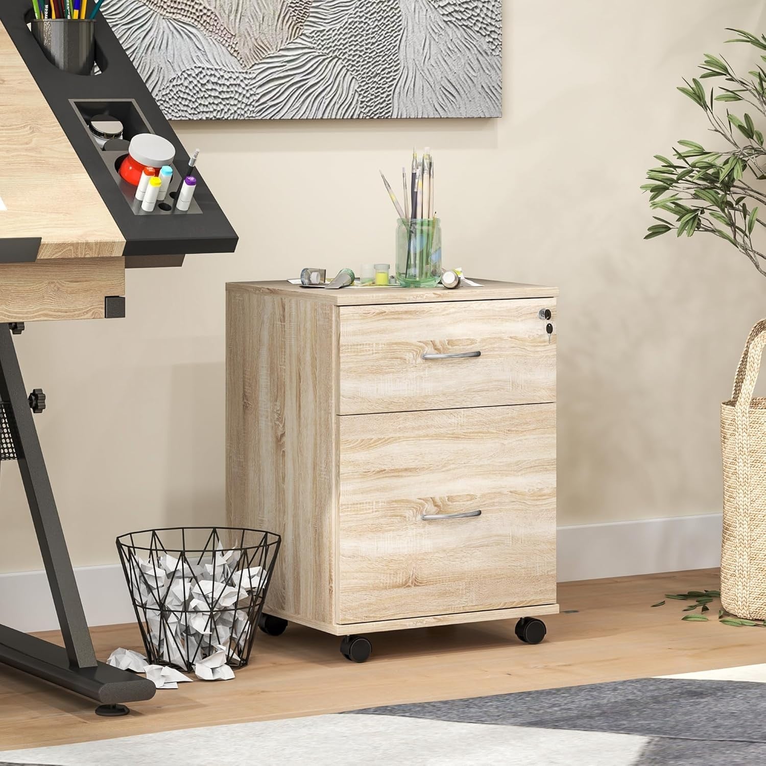 Oak Effect Locking Rolling File Cabinet 2 Drawer Under Desk Printer Unit