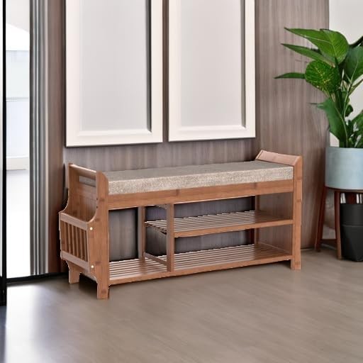 Bamboo Shoe Storage Bench 2 Tier with Cushion Drawer Side Holder Brown 39inch