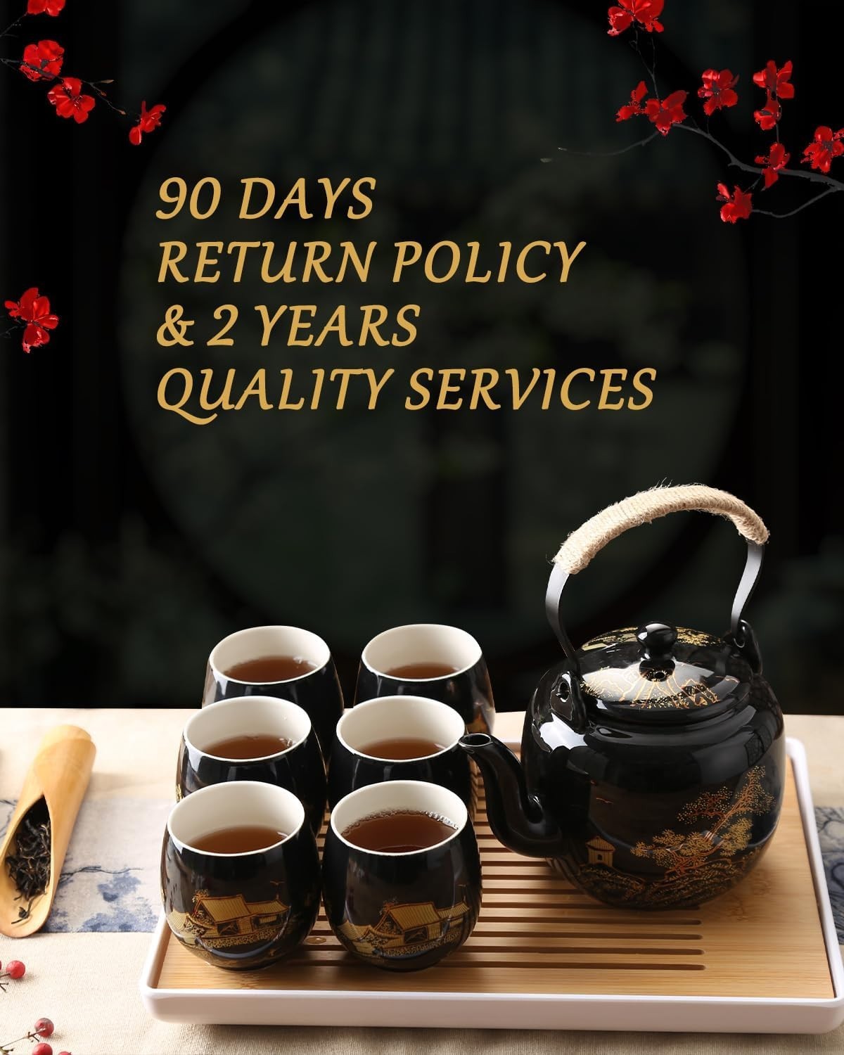 Japanese Porcelain Tea Set Black Teapot 6 Cups Tray Infuser Gold