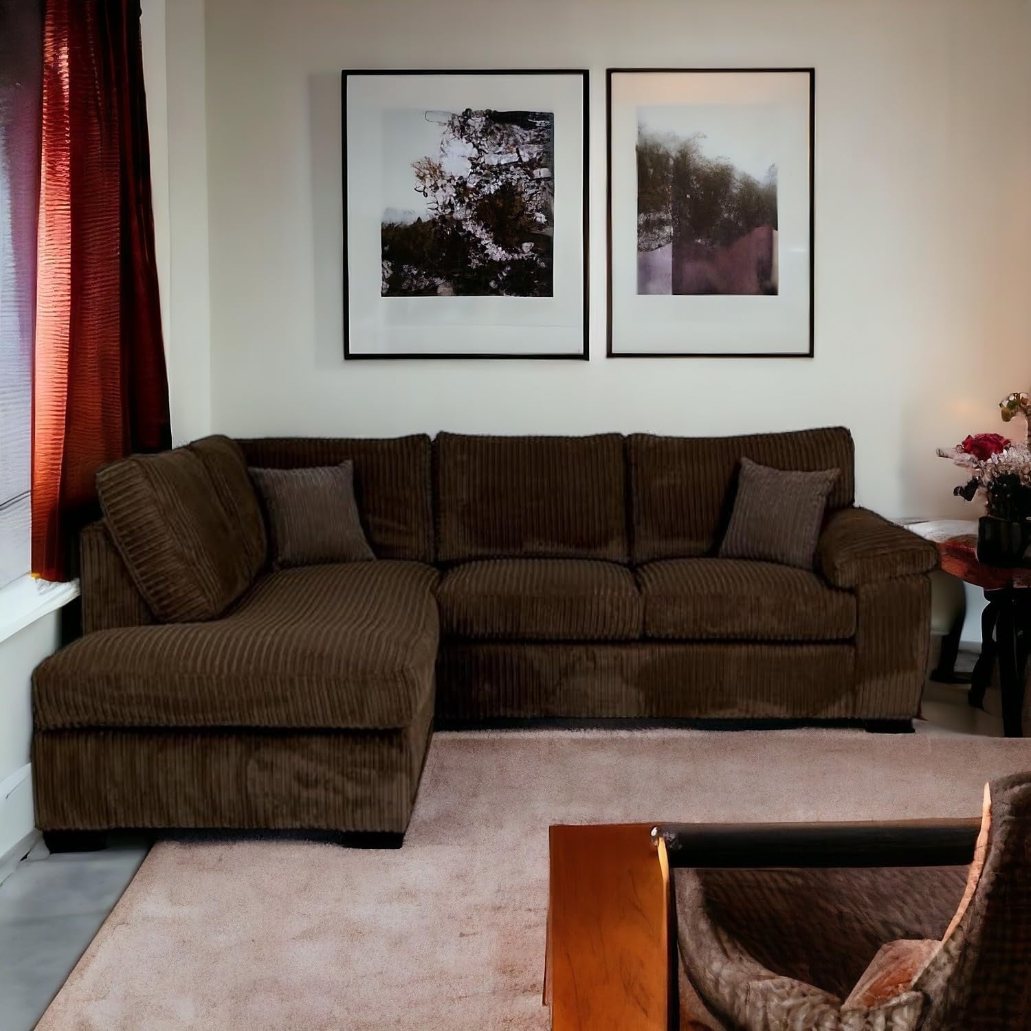 L Shape Corduroy Corner Sofa Left Hand 4 Seater Brown Cushioned Lounge