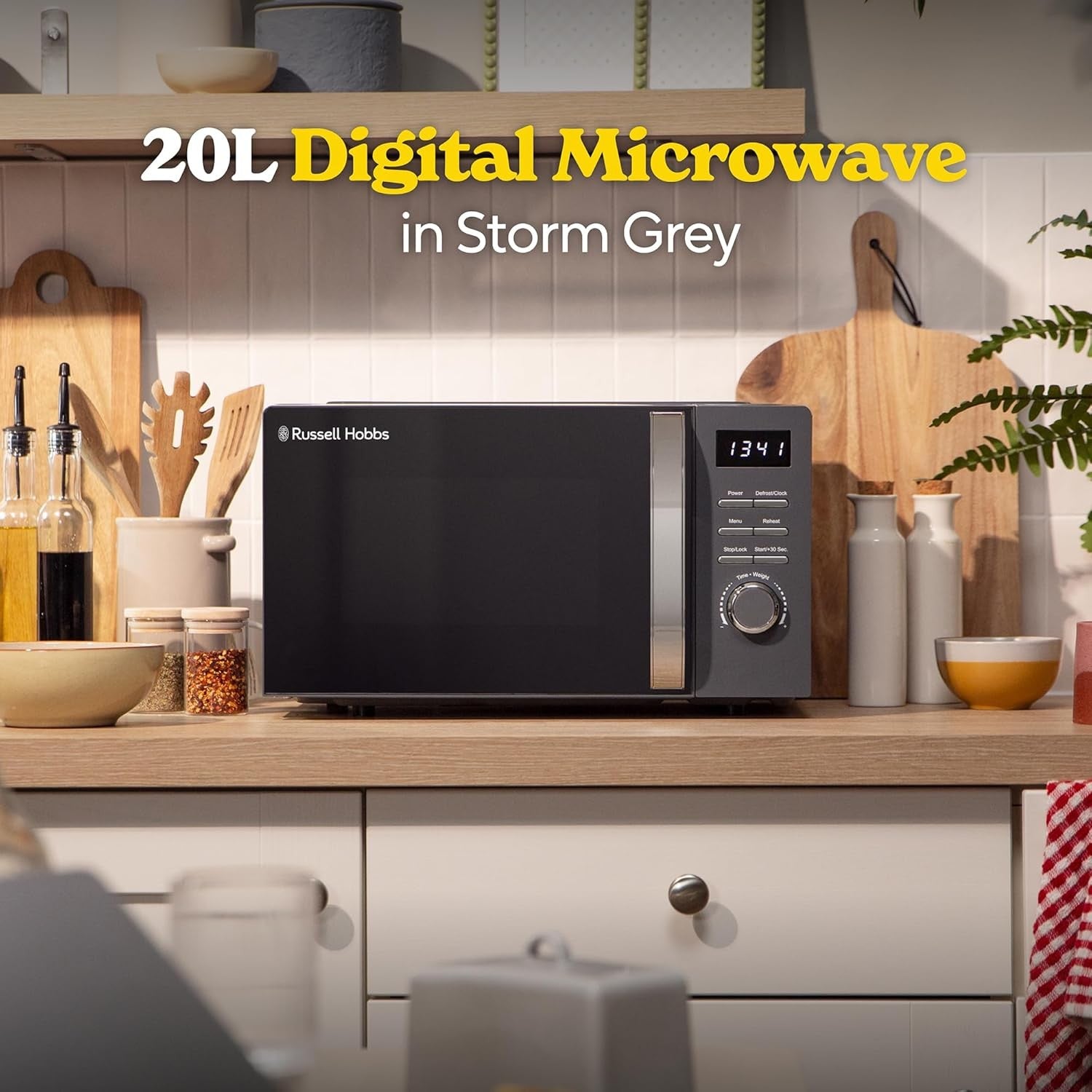 Grey 20L Digital Microwave 800W 5 Power Levels Auto Menus