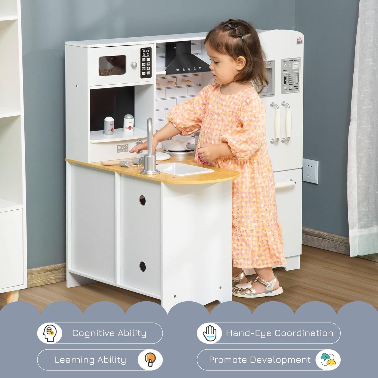 Wooden Kids Play Kitchen White Toy Set Fridge Oven Microwave Sounds