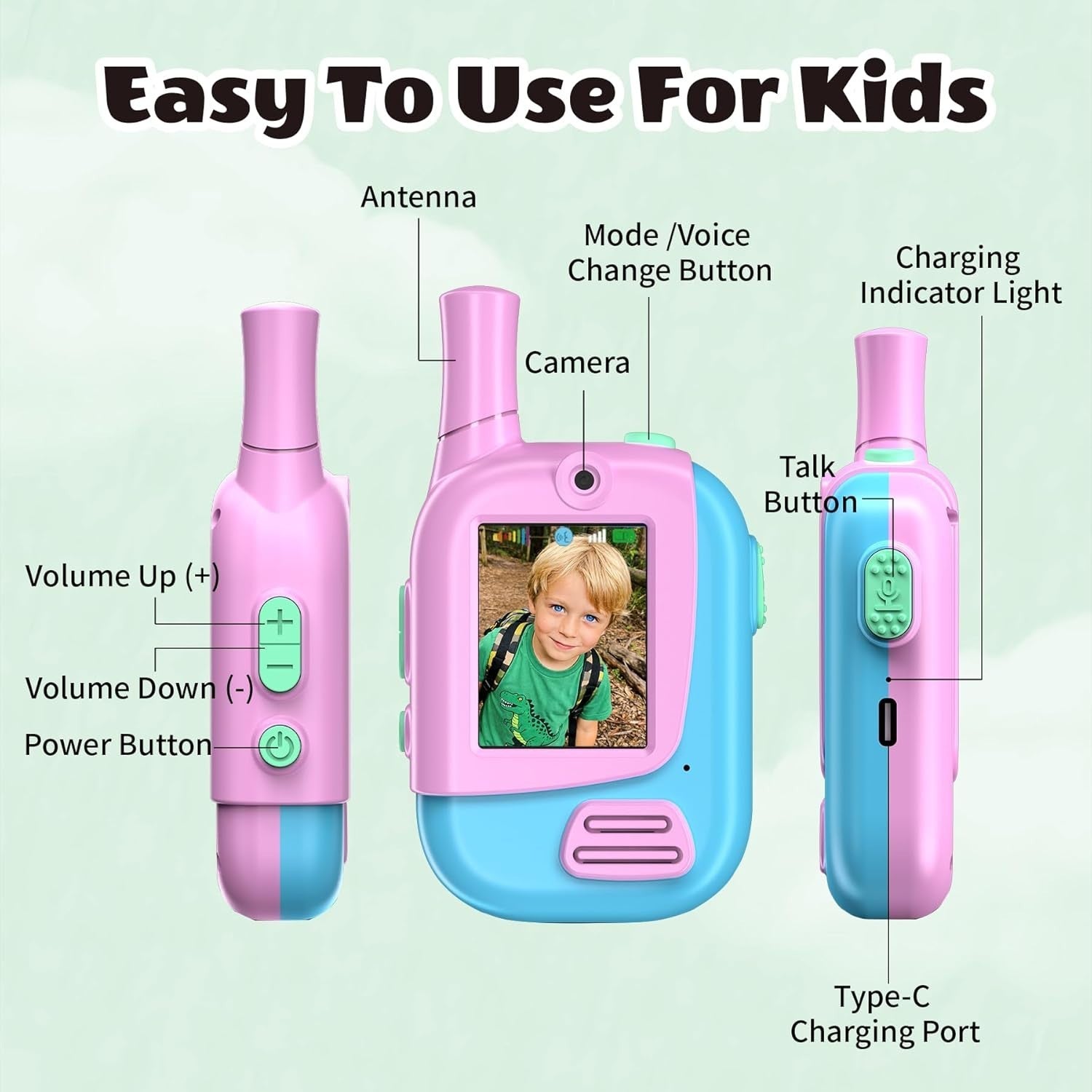 Kids Video Walkie Talkies 2 Pack Rechargeable 300M Range Voice Changer