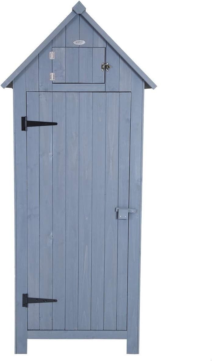Slim Wooden Garden Storage Shed Tall Outdoor Tool Hutch with Shelves, Lock 179cm