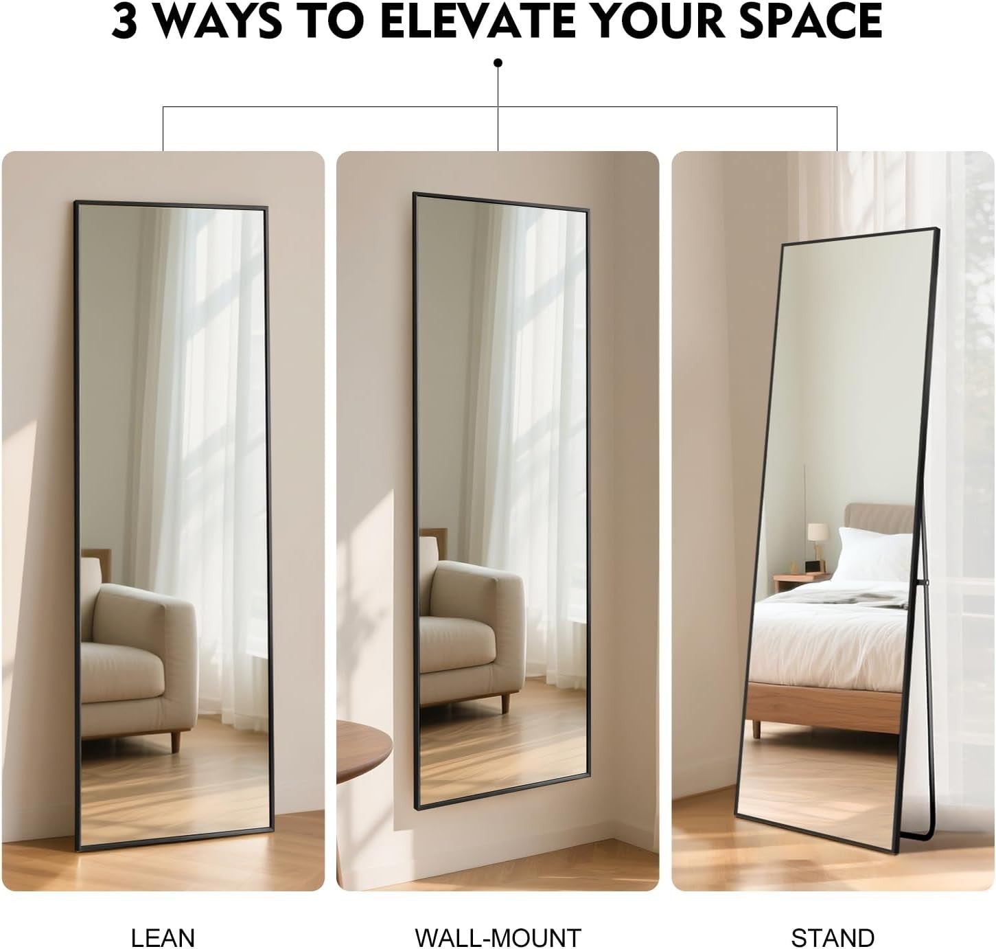 Full Length Mirror 152x42cm Black Frame Tempered Glass Slim for Small Rooms