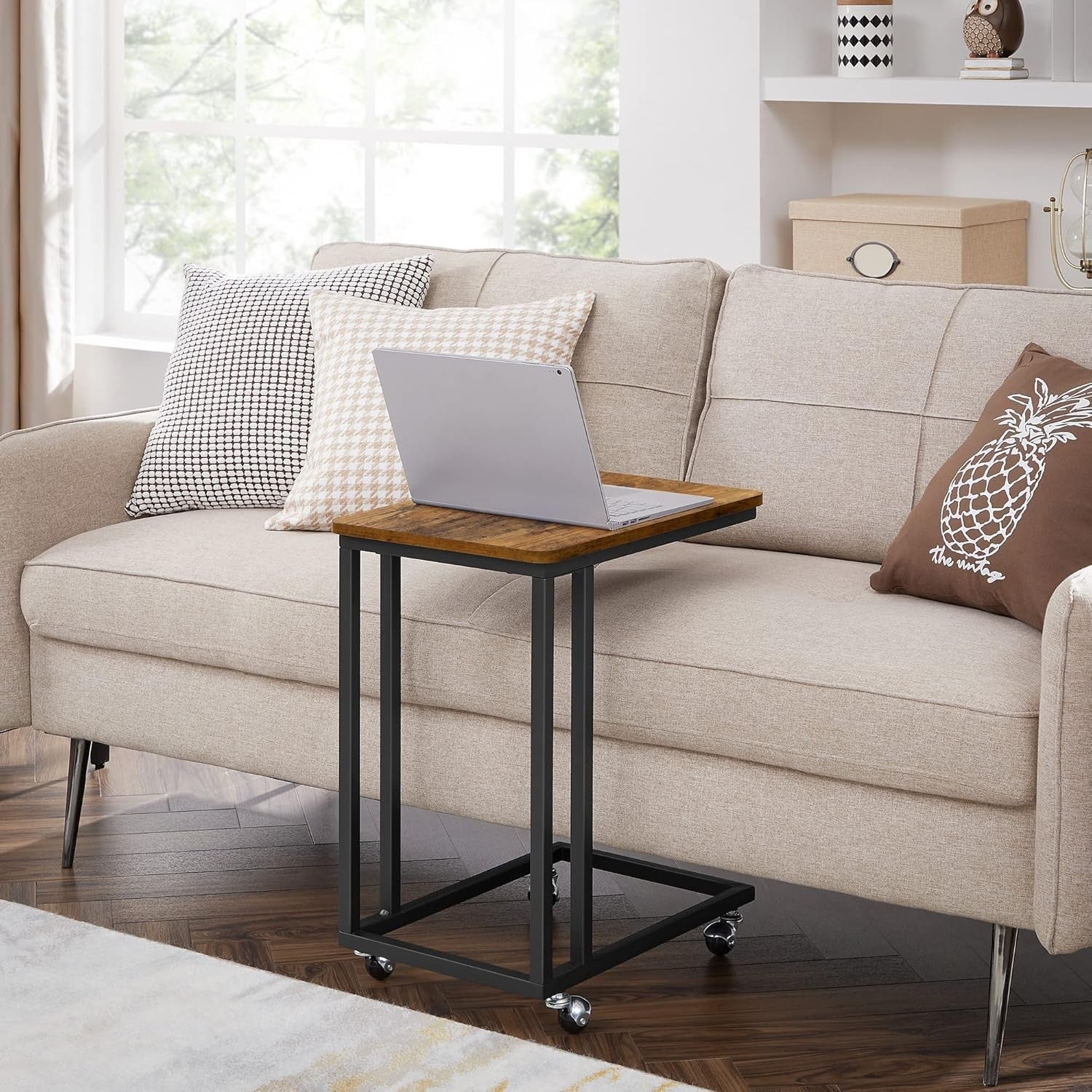 Industrial C Side Table with Wheels, Rustic Wood Top, Sofa Laptop Stand