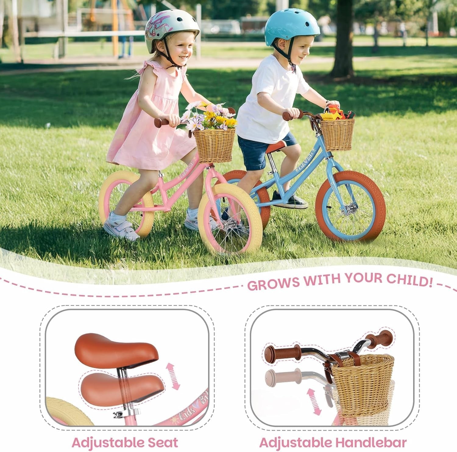 14" Kids Balance Bike with Basket Adjustable No Pedal Training Bike Pink