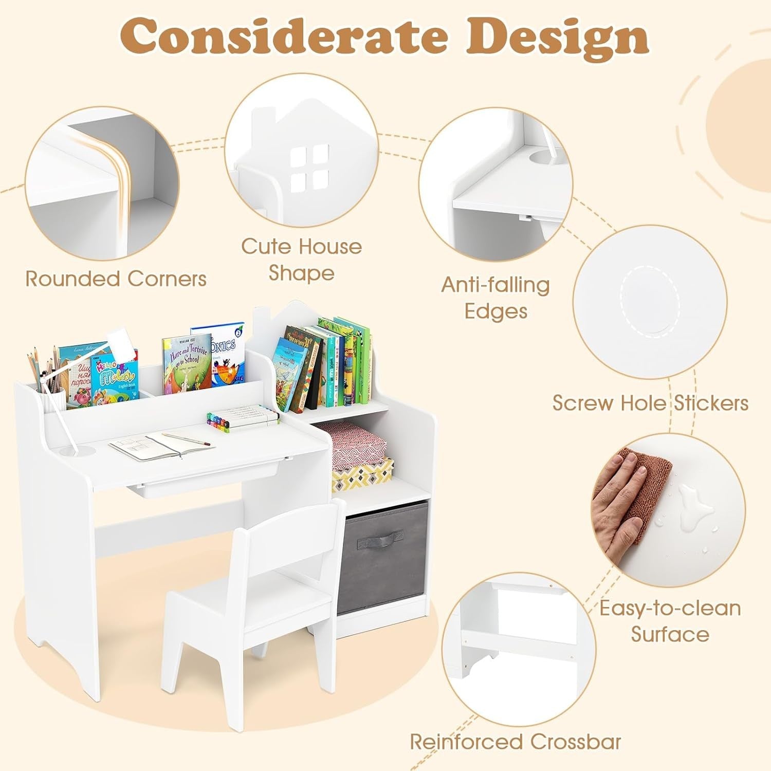 Kids Desk & Chair Set with Storage Drawers Bookshelves for Learning Play