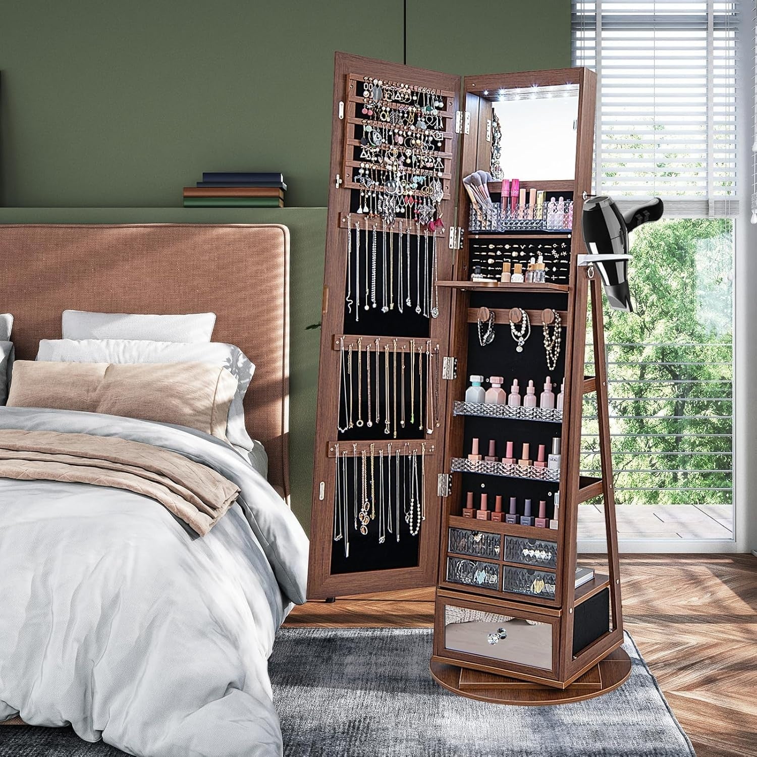 Walnut 360° Swivel LED Jewelry Cabinet Mirror Lockable Storage Organizer
