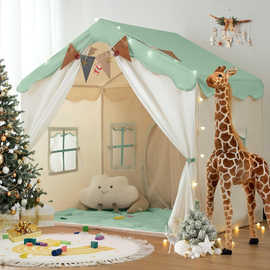 Kids 2in1 Playhouse Tent Bed Canopy with Lights Padded Indoor Green