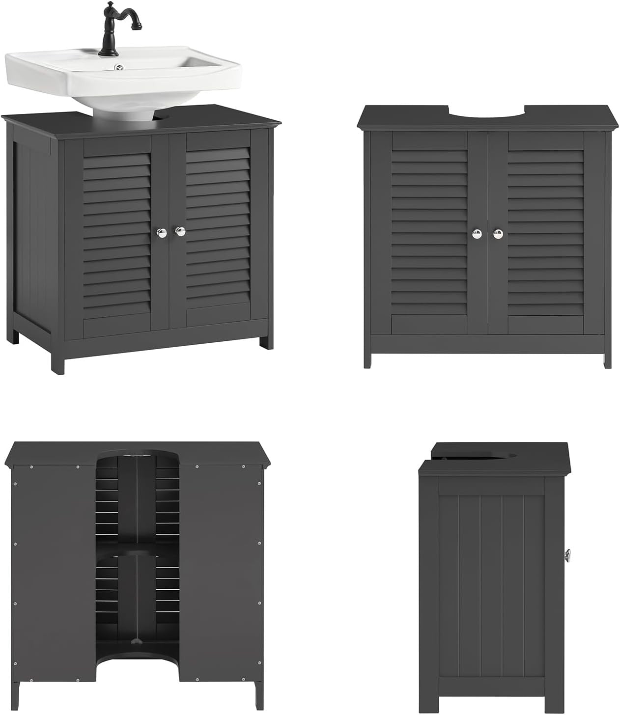 Dark Grey Under Sink Bathroom Cabinet with Shutter Doors & Adjustable Shelf