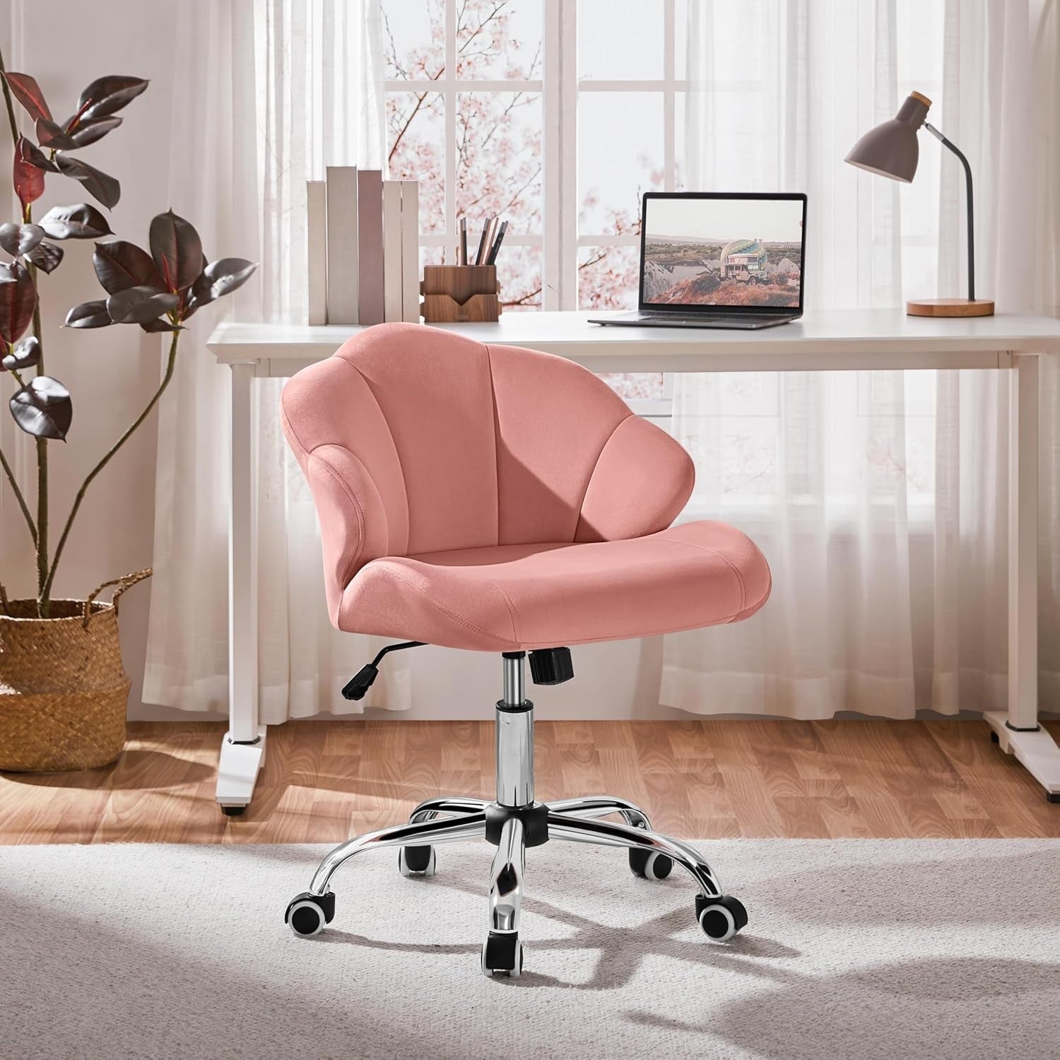 Pink Velvet Shell Back Swivel Vanity Chair w/ Wheels Adjustable Desk Seat