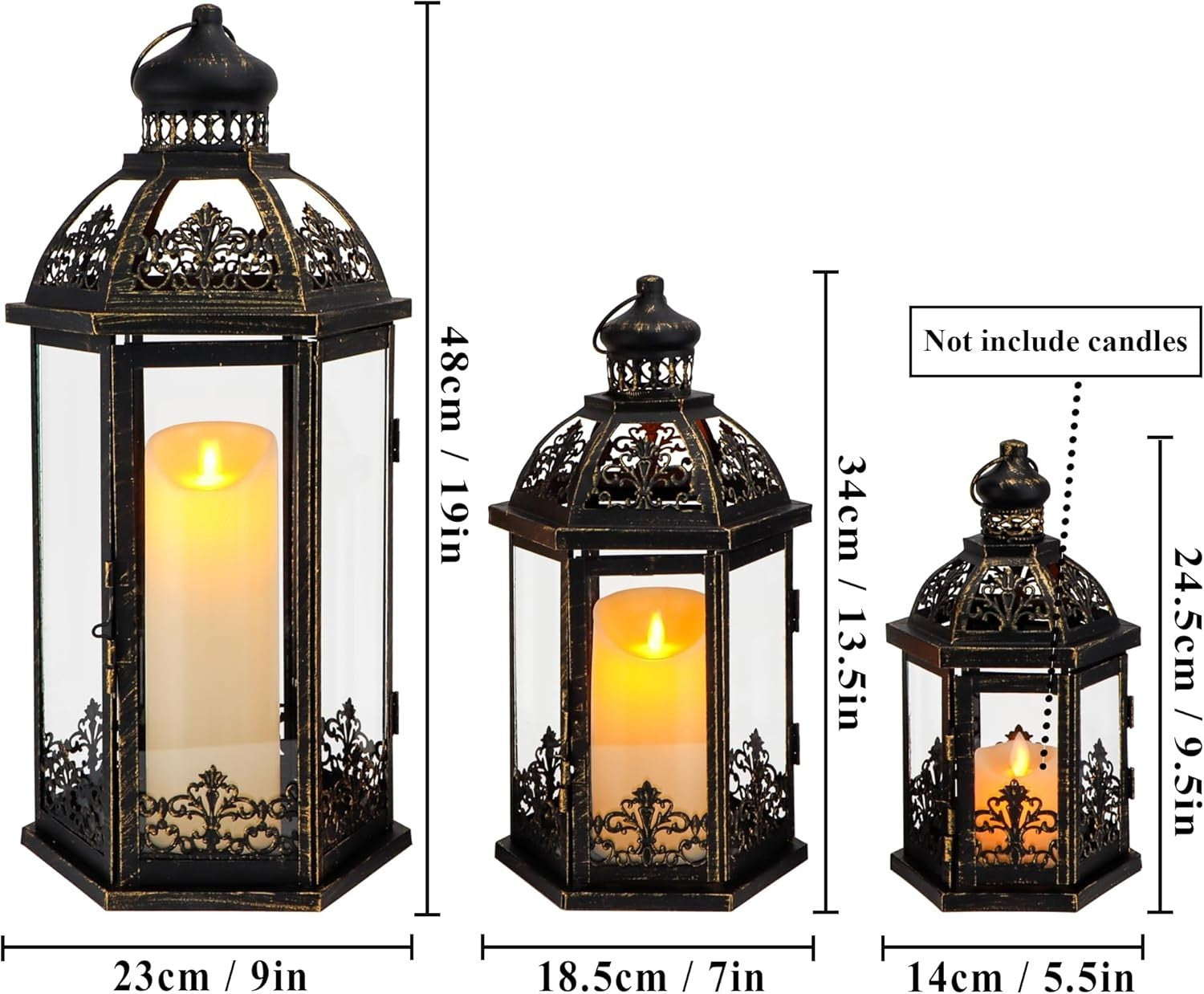 3-Pack Vintage Black Gold Metal Candle Lanterns