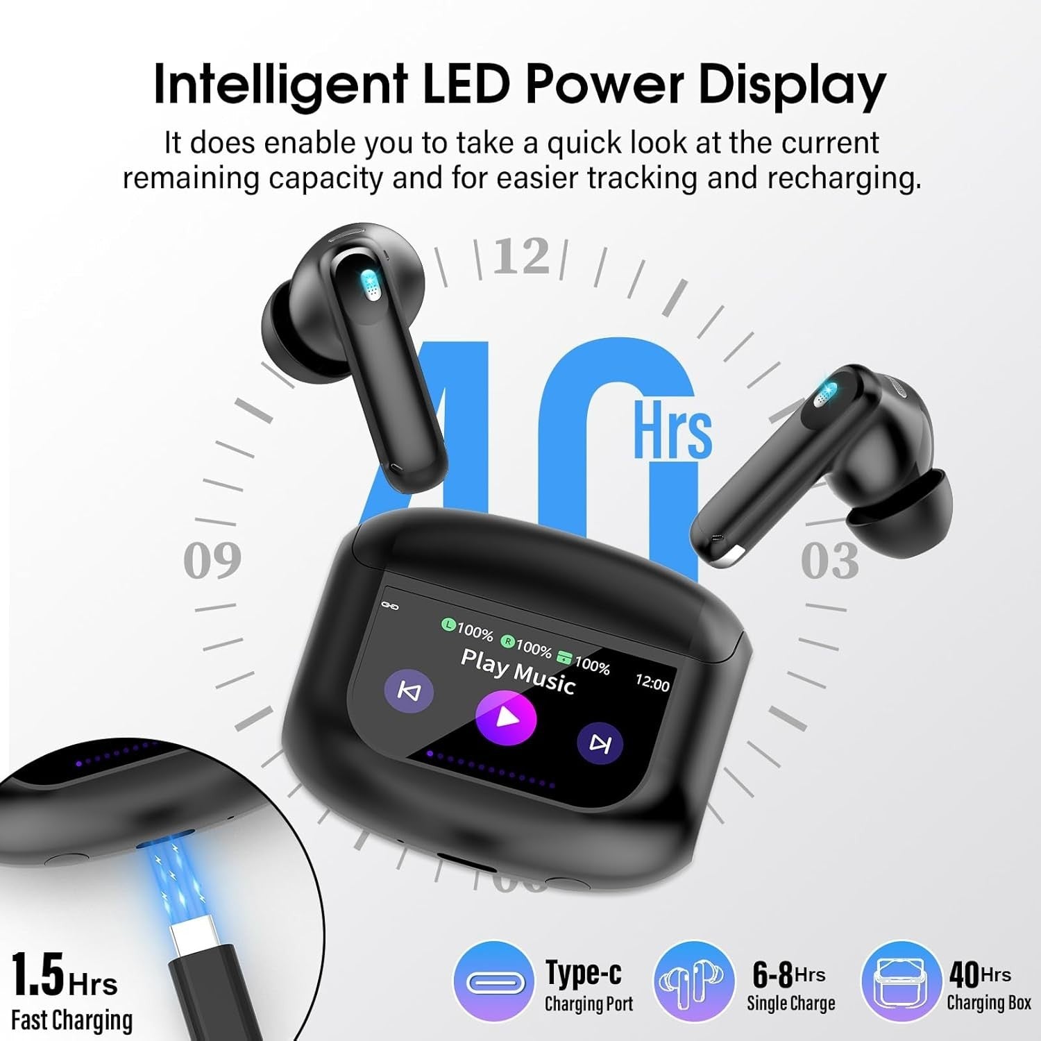 Wireless Earbuds Bluetooth 5.4 ANC Noise Cancelling Earphones HD Mic 40H Black