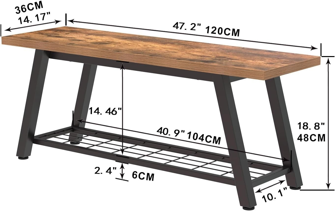 Rustic Wood & Metal Shoe Storage Bench – Industrial Entryway Hallway Seat