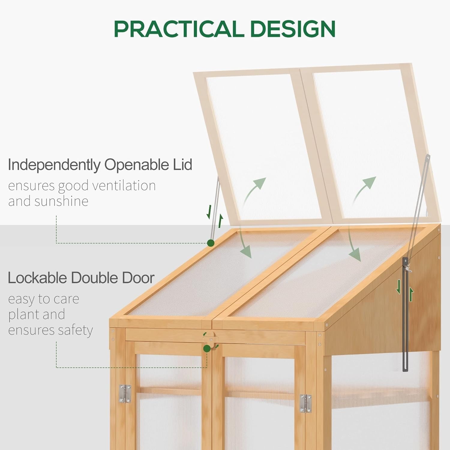 Wooden Cold Frame Greenhouse Double Door Polycarbonate Top Cover 120cm