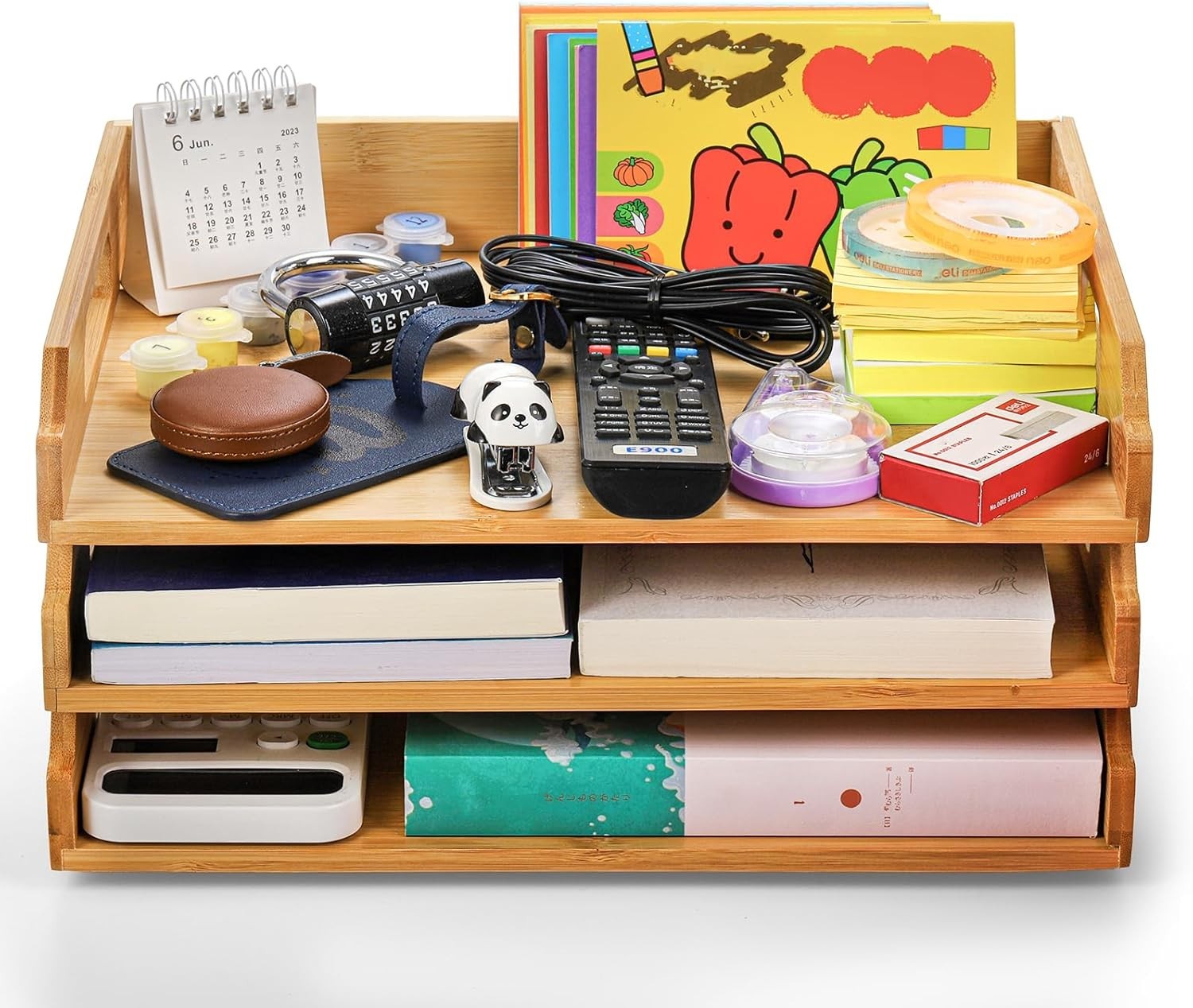 3-Tier Stackable Bamboo Desk Organizer Trays A4 Paper File Storage