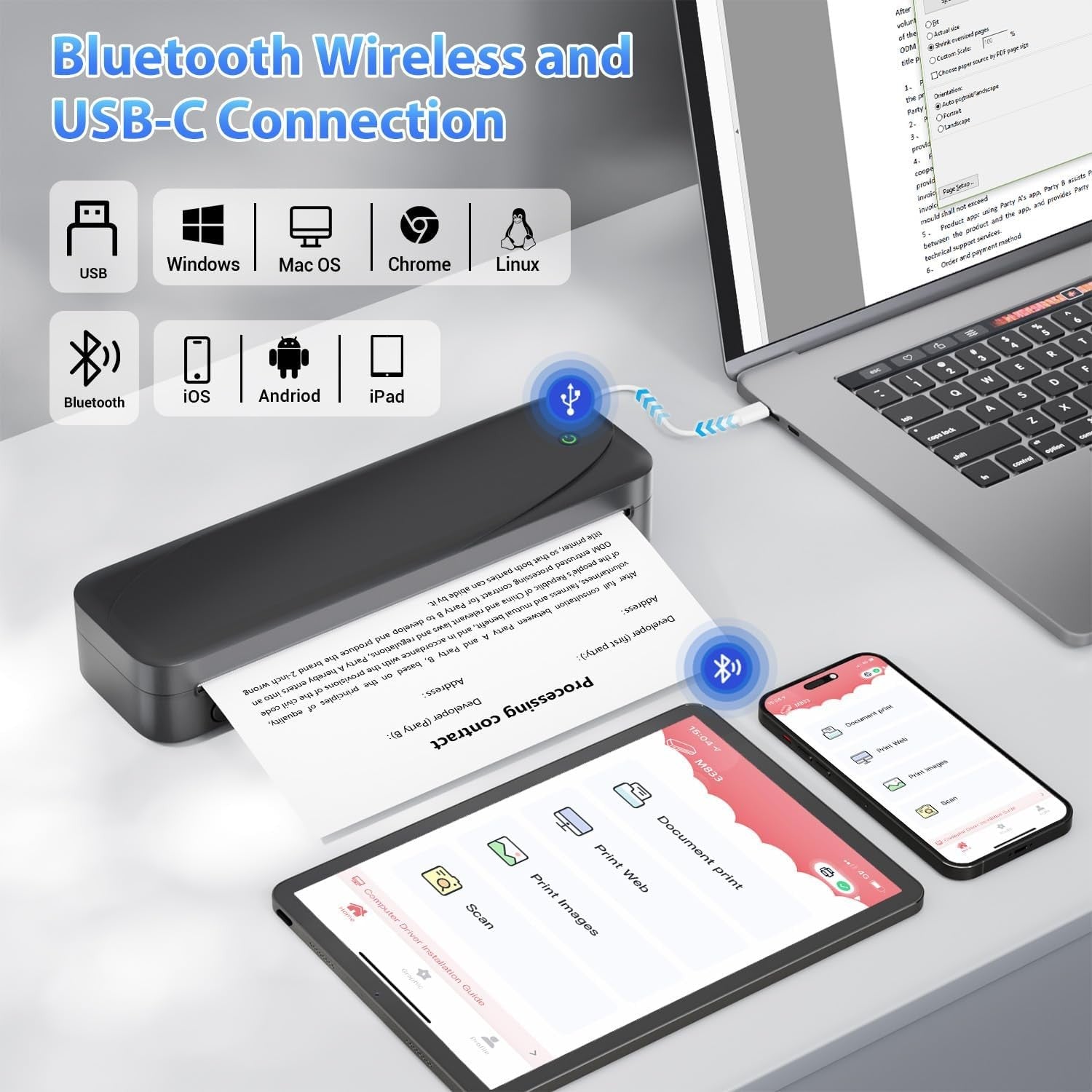 A4 Portable Thermal Printer Wireless Bluetooth Inkless 300DPI