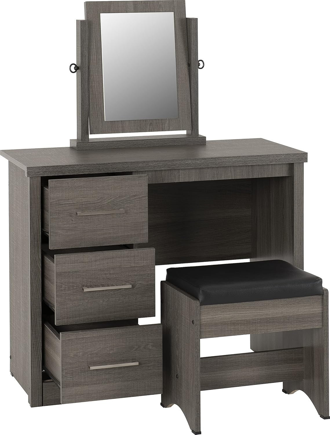 3 Drawer Vanity Dressing Table Set w/ Mirror & Padded Stool Black Wood Grain