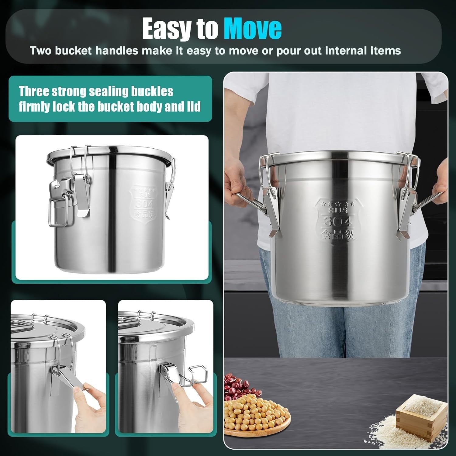 12L Stainless Steel Airtight Rice Grain Storage Bin