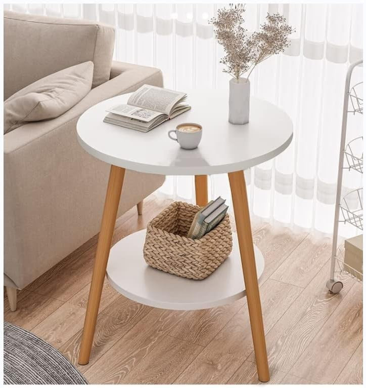 Modern 2-Tier Round Side Table with Metal Frame & Storage, 38x55cm White
