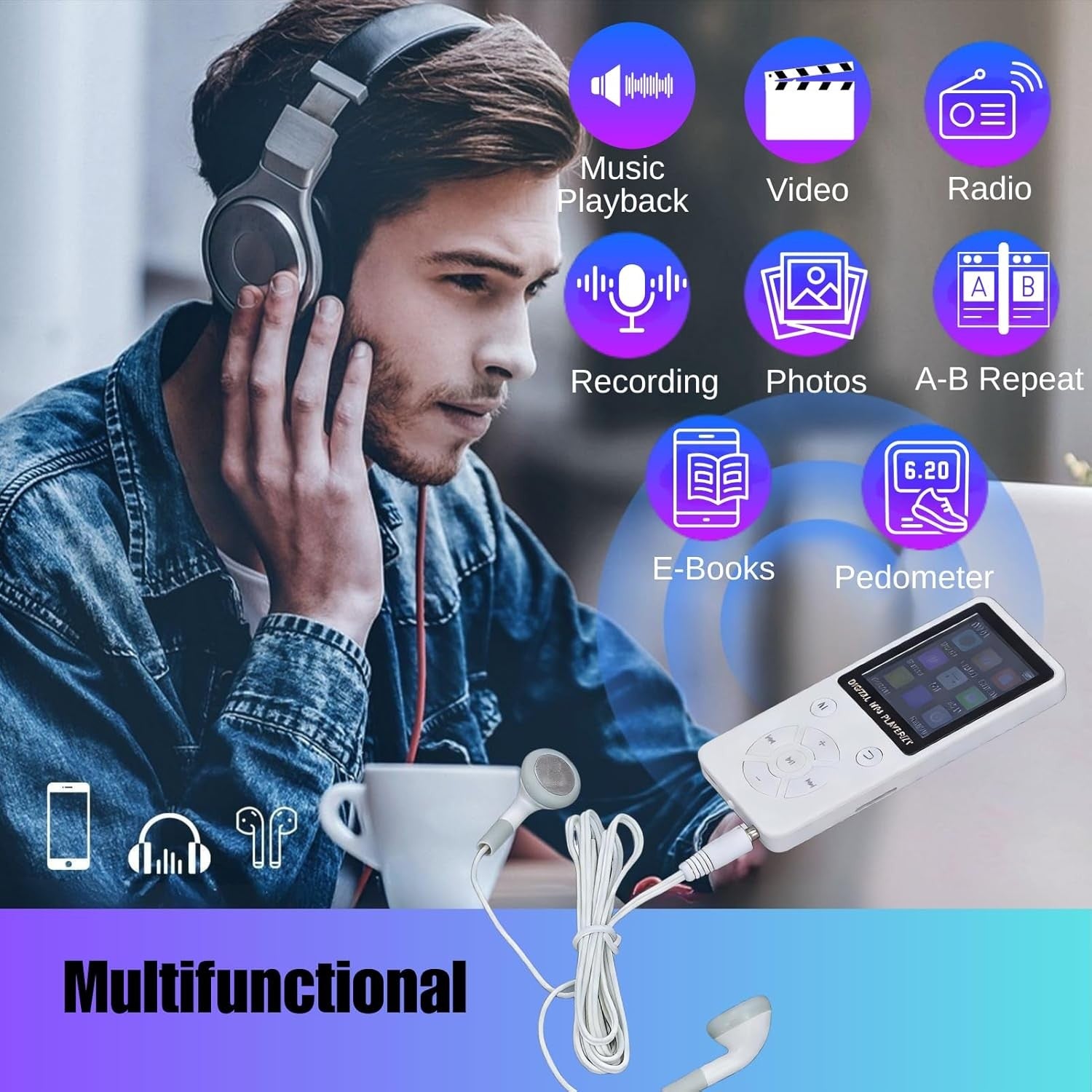 64GB Bluetooth 5.0 MP3 MP4 Player 1.8" LCD FM Radio White